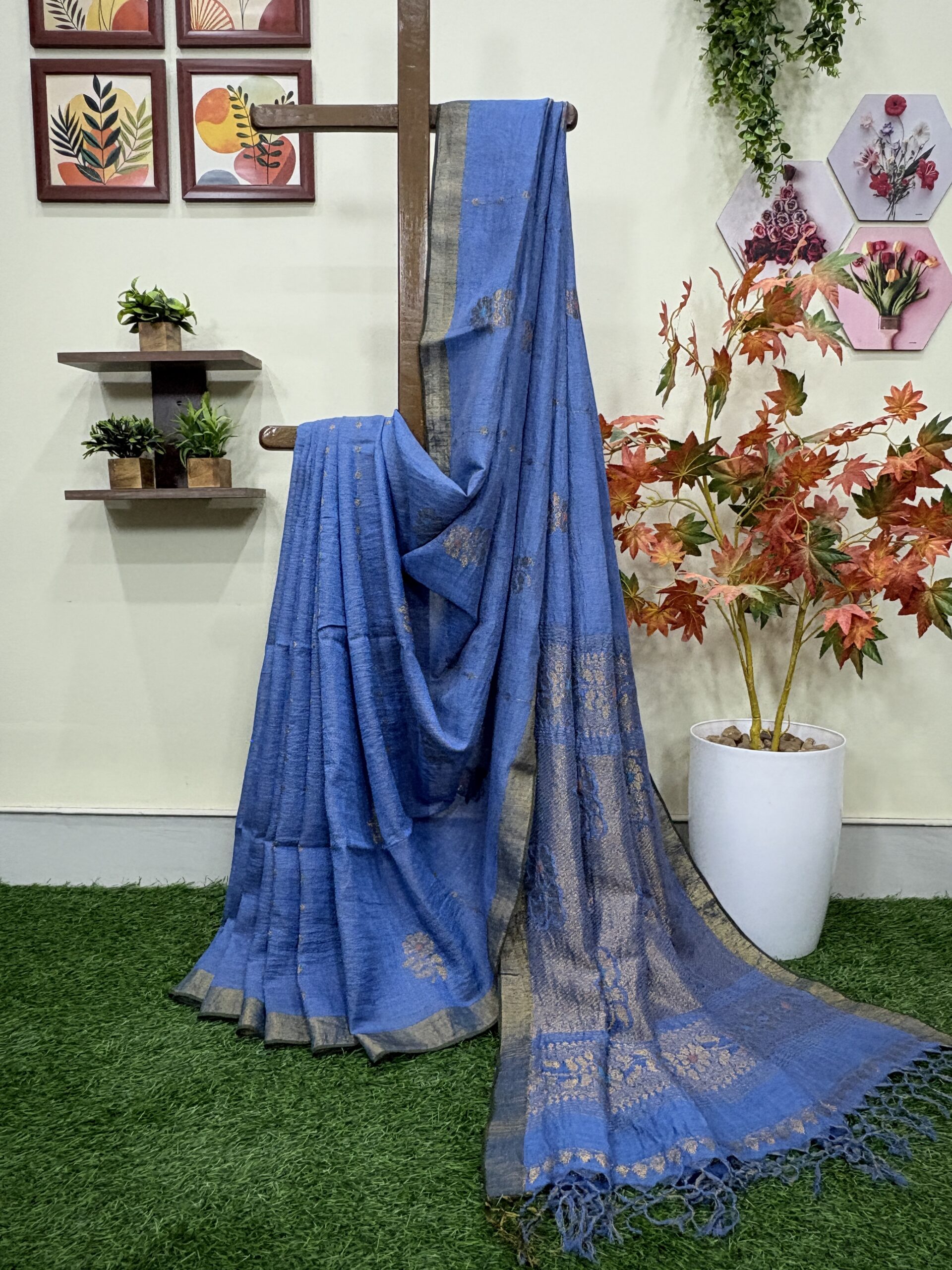 Sky Blue Floral Mina Buta Tissue Organic Linen Jamdani Saree with Blouse Piece
