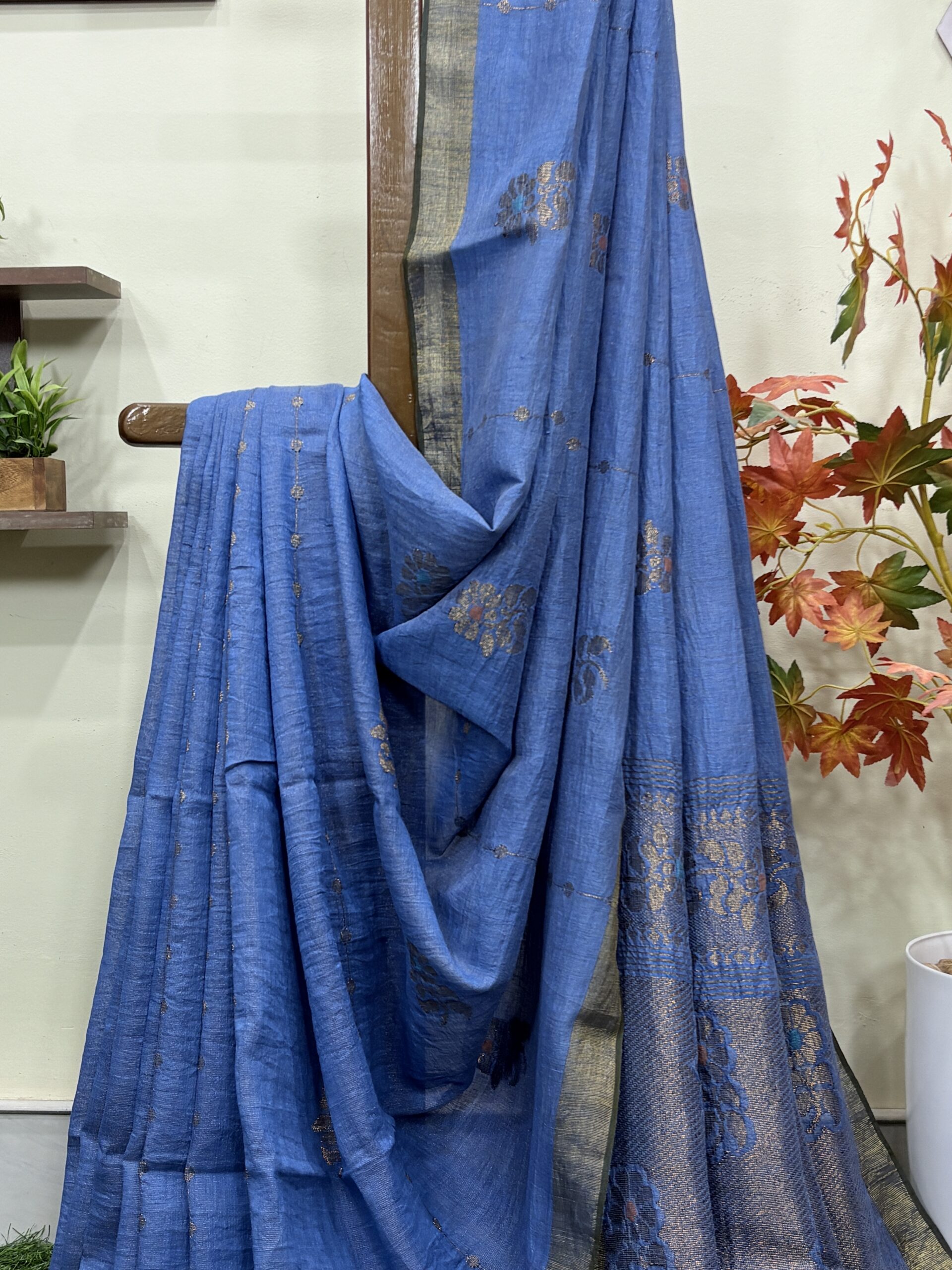Sky Blue Floral Mina Buta Tissue Organic Linen Jamdani Saree with Blouse Piece - Image 2