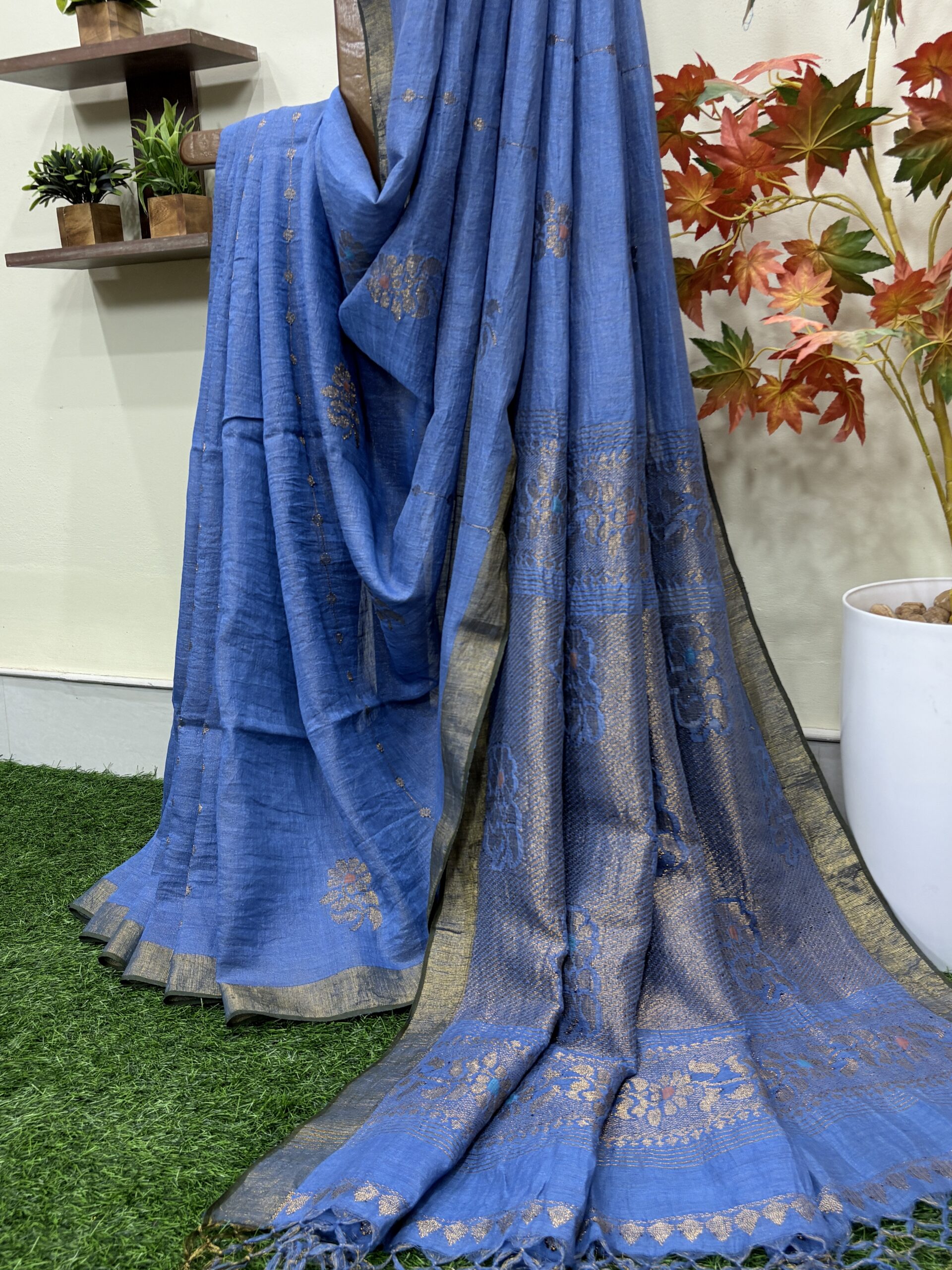 Sky Blue Floral Mina Buta Tissue Organic Linen Jamdani Saree with Blouse Piece - Image 3