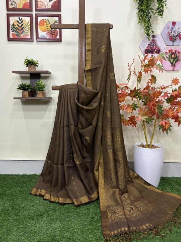 Brown Floral Mina Buta Tissue Organic Linen Jamdani Saree with Blouse Piece