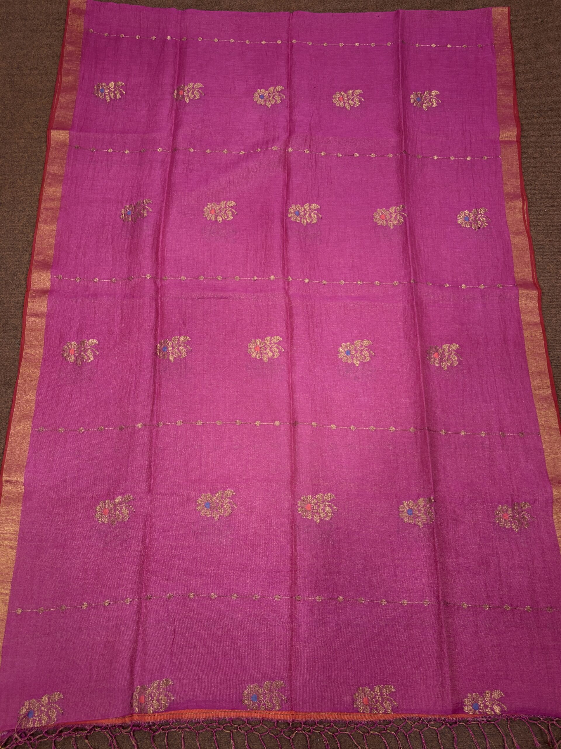 Pink Floral Mina Buta Tissue Organic Linen Jamdani Saree with Blouse Piece - Image 9