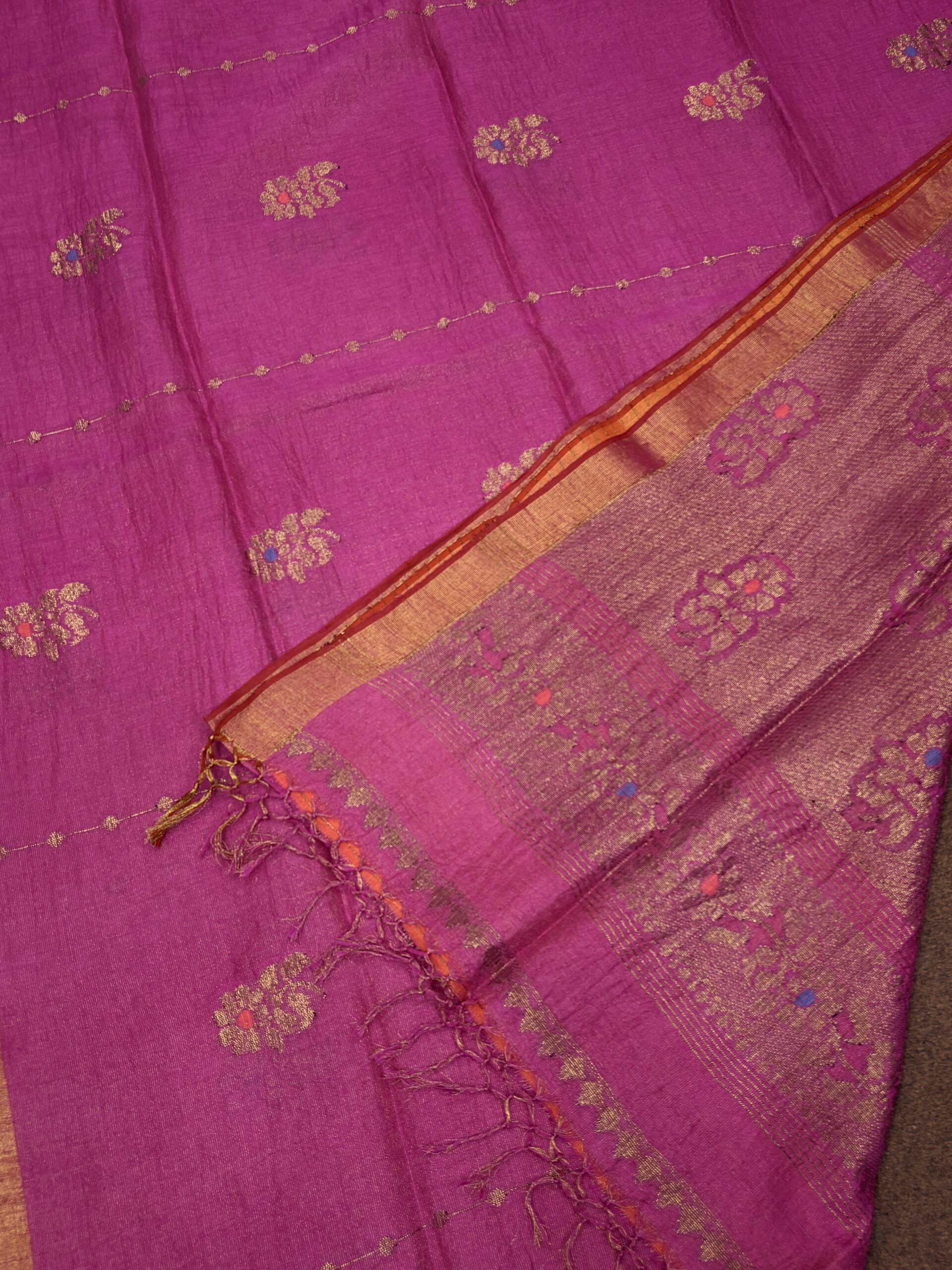 Pink Floral Mina Buta Tissue Organic Linen Jamdani Saree with Blouse Piece - Image 7