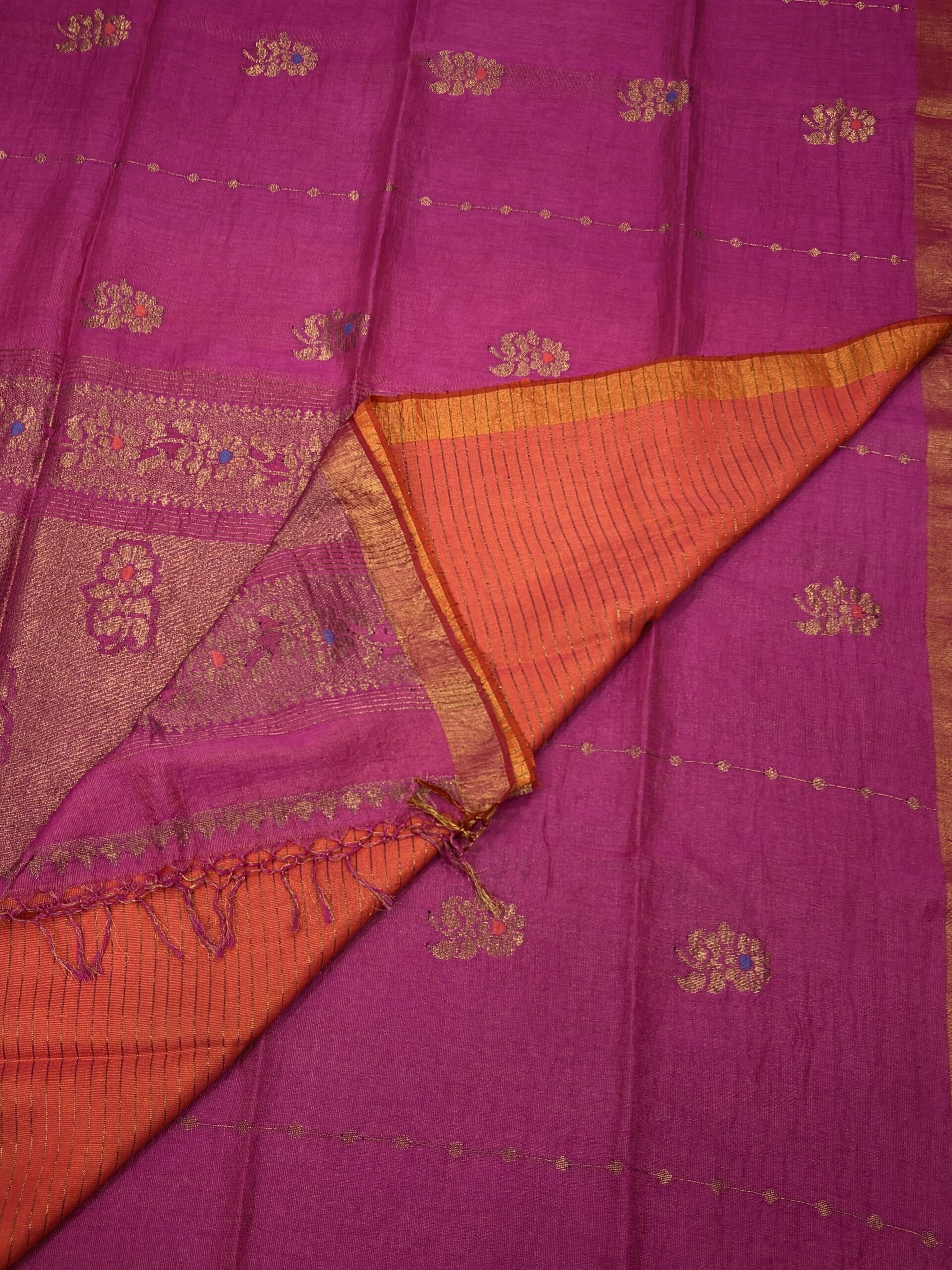 Pink Floral Mina Buta Tissue Organic Linen Jamdani Saree with Blouse Piece - Image 3
