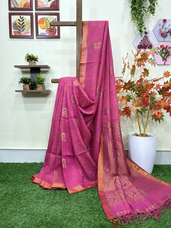 Pink Floral Mina Buta Tissue Organic Linen Jamdani Saree with Blouse Piece