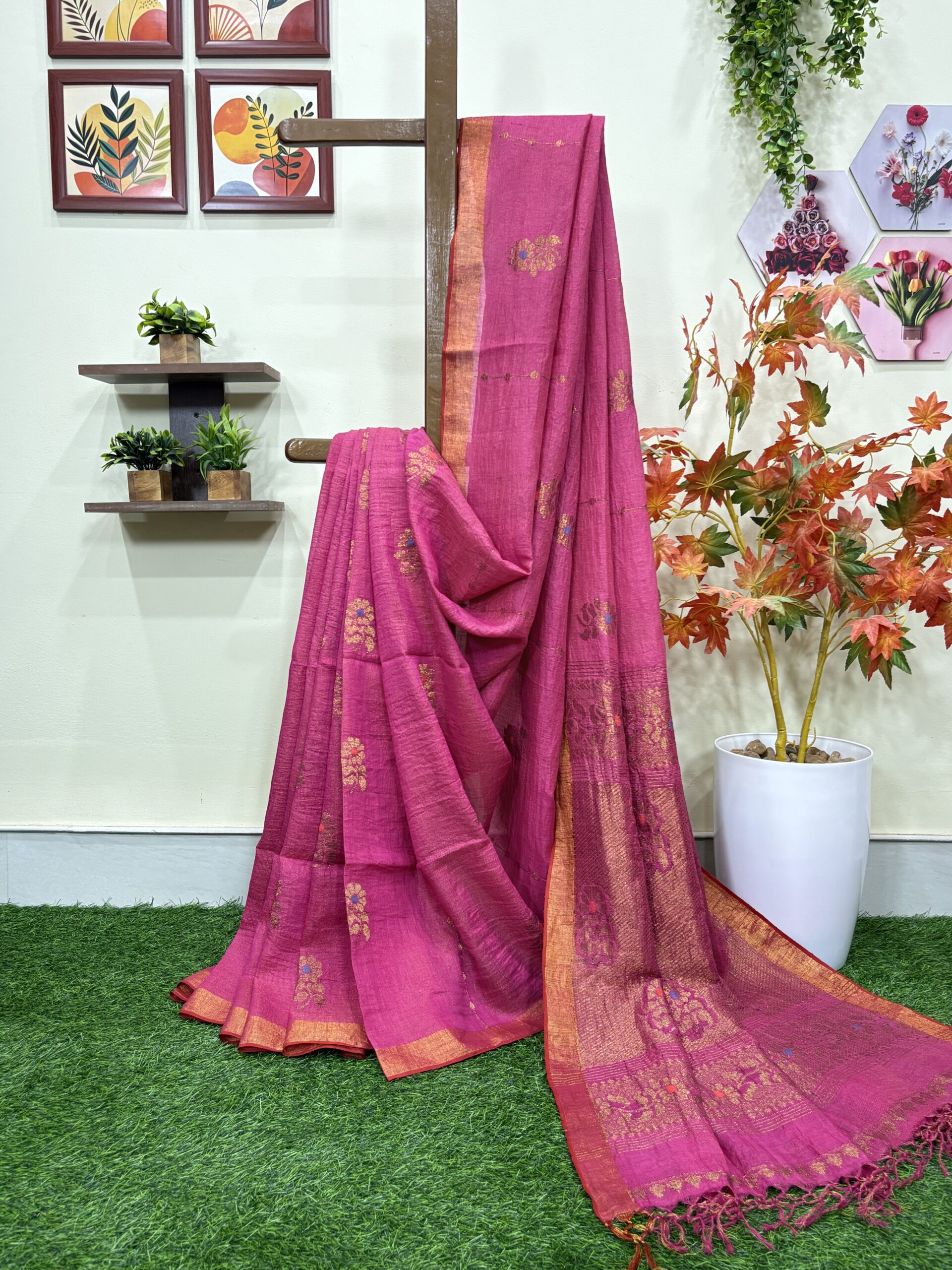 Pink Floral Mina Buta Tissue Organic Linen Jamdani Saree with Blouse Piece
