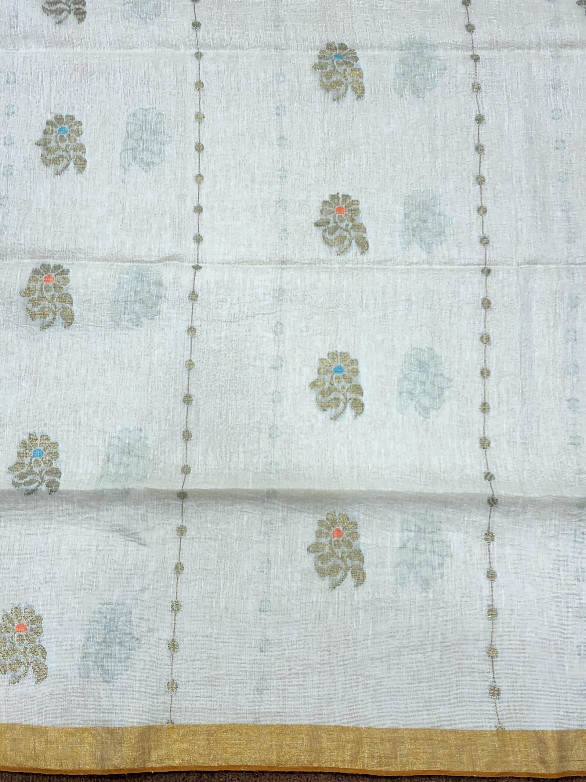 Off-White Floral Mina Buta Tissue Organic Linen Jamdani Saree with Blouse Piece - Image 9
