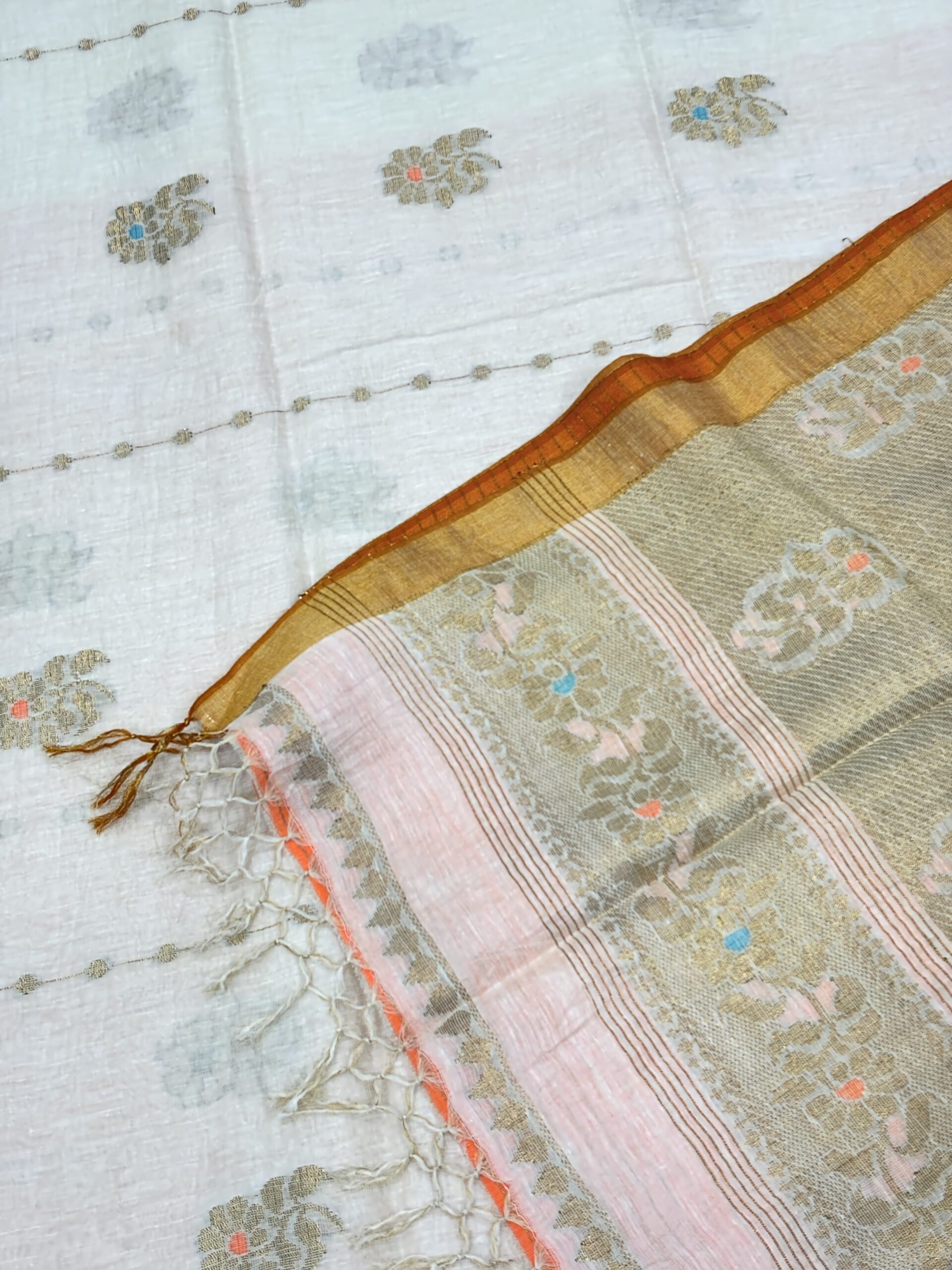 Off-White Floral Mina Buta Tissue Organic Linen Jamdani Saree with Blouse Piece - Image 8
