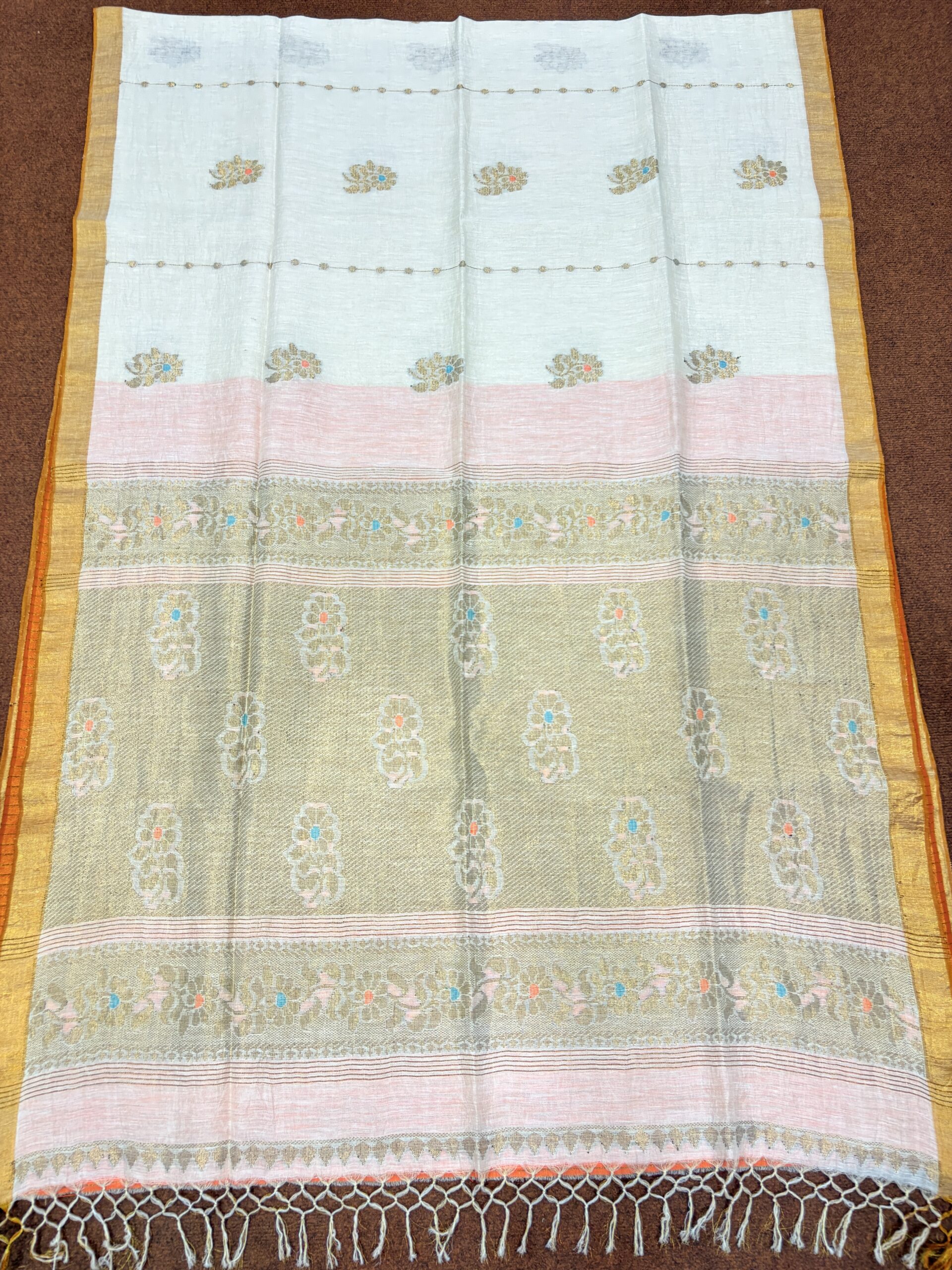 Off-White Floral Mina Buta Tissue Organic Linen Jamdani Saree with Blouse Piece - Image 6