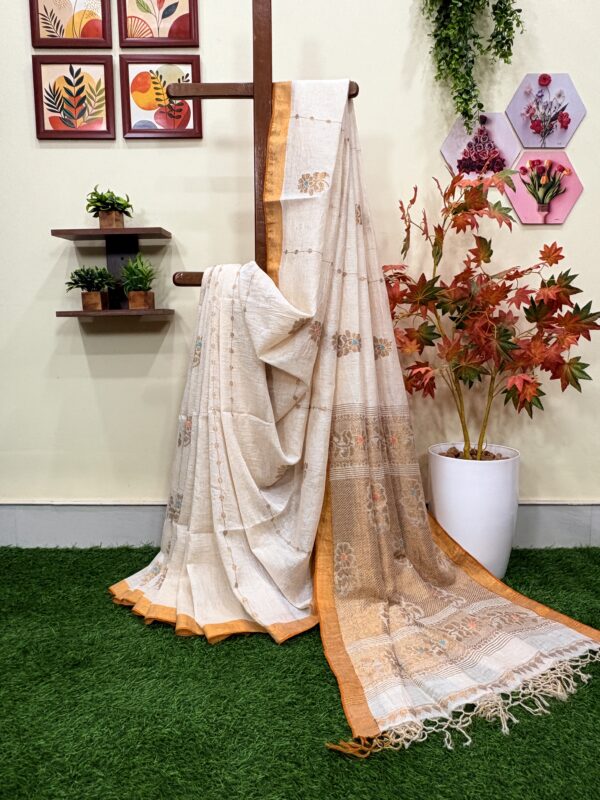 Off-White Floral Mina Buta Tissue Organic Linen Jamdani Saree with Blouse Piece
