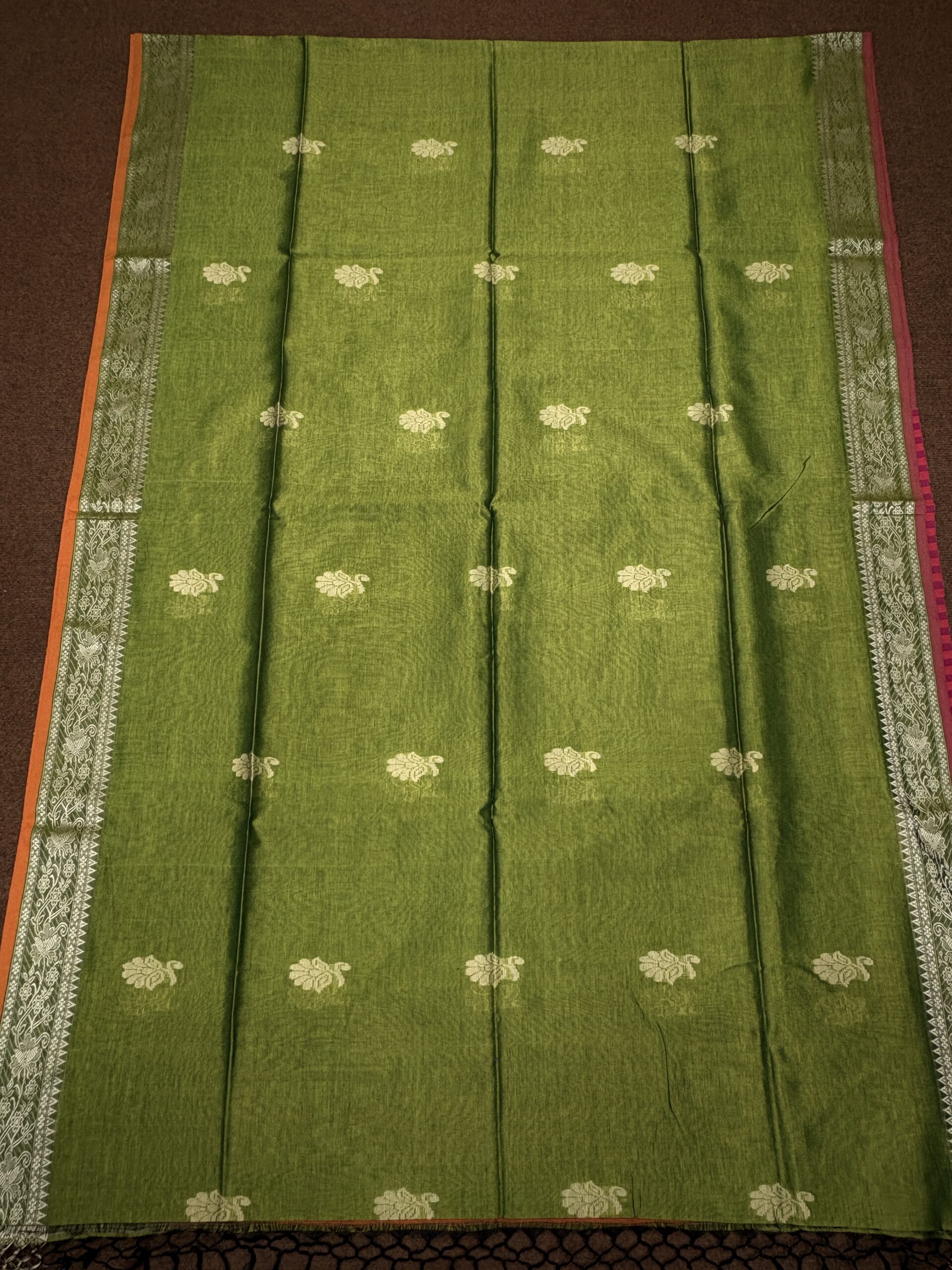 Neon Green Katan Silk Baluchari Jamdani Saree with Blouse Piece - Image 10