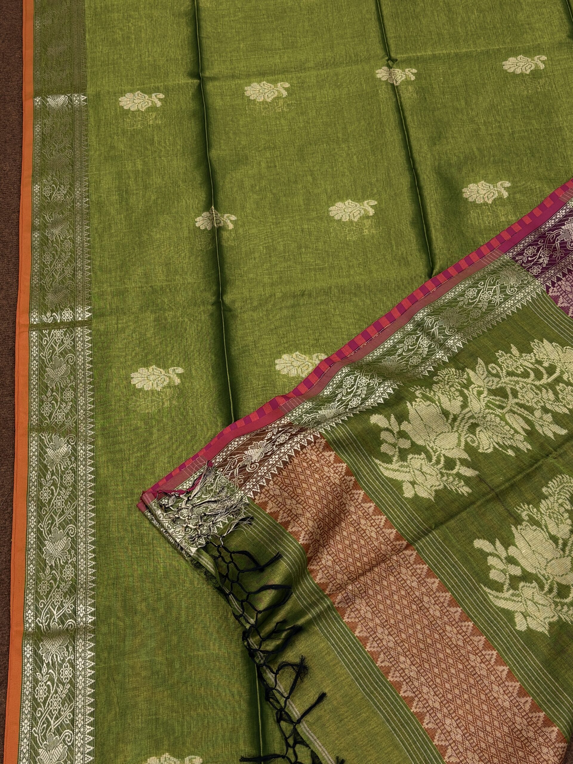 Neon Green Katan Silk Baluchari Jamdani Saree with Blouse Piece - Image 8