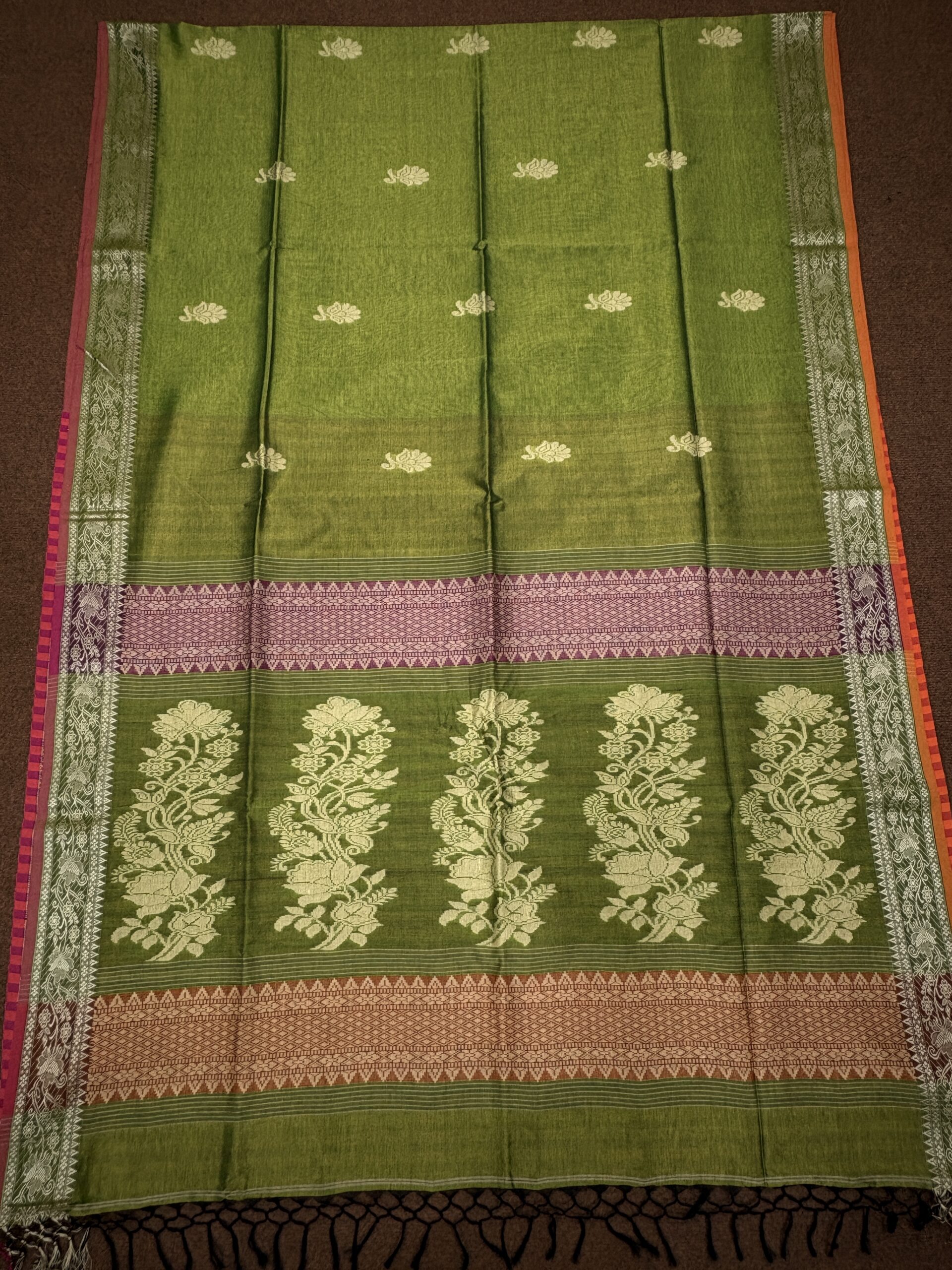 Neon Green Katan Silk Baluchari Jamdani Saree with Blouse Piece - Image 6