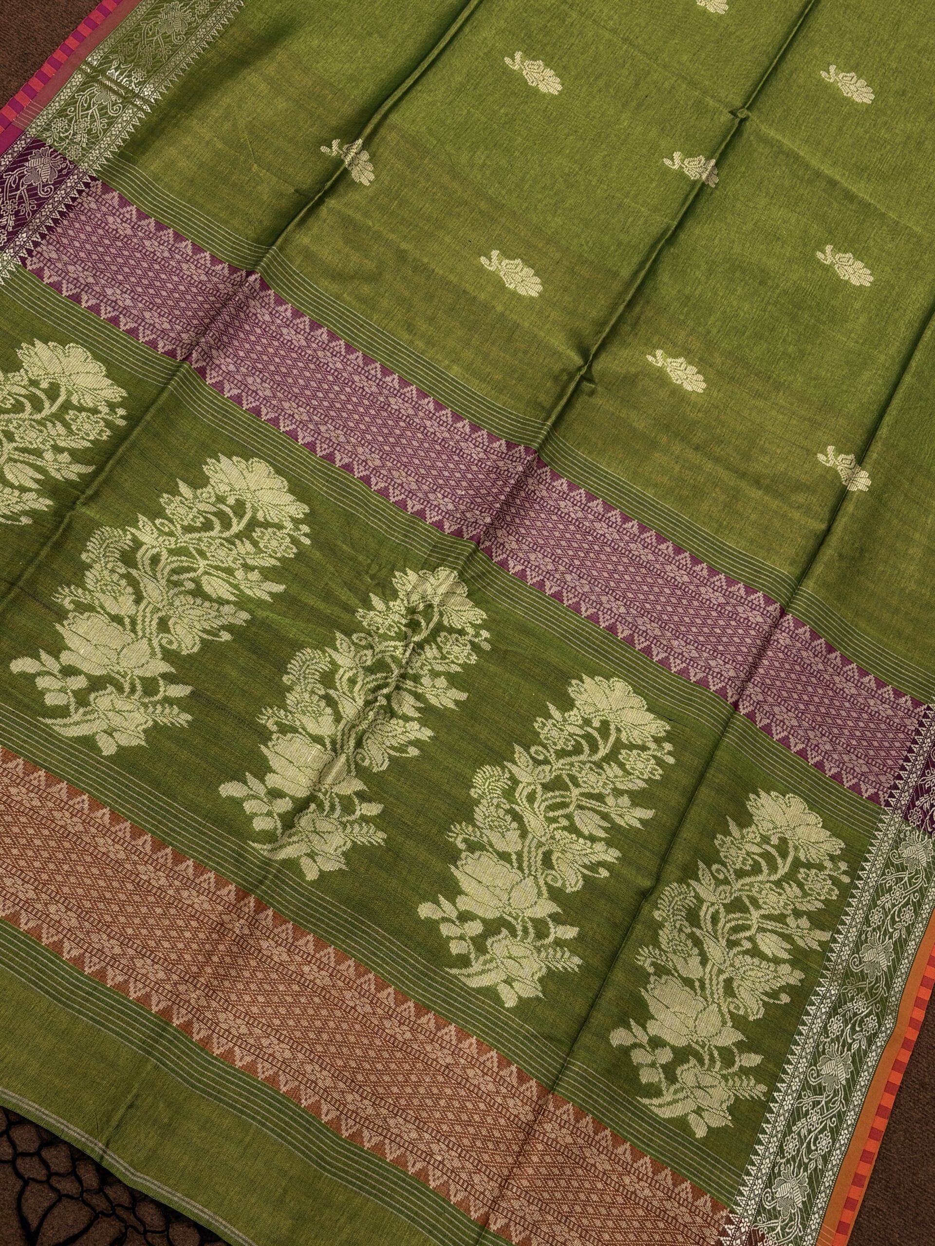Neon Green Katan Silk Baluchari Jamdani Saree with Blouse Piece - Image 5