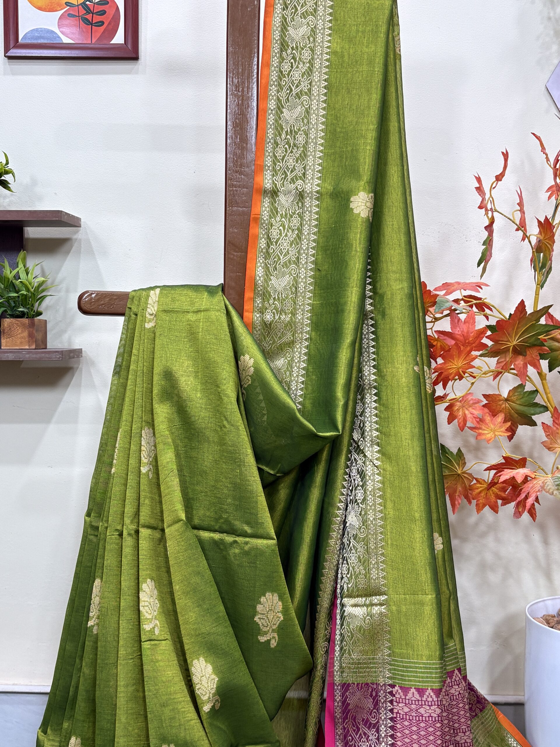 Neon Green Katan Silk Baluchari Jamdani Saree with Blouse Piece - Image 3