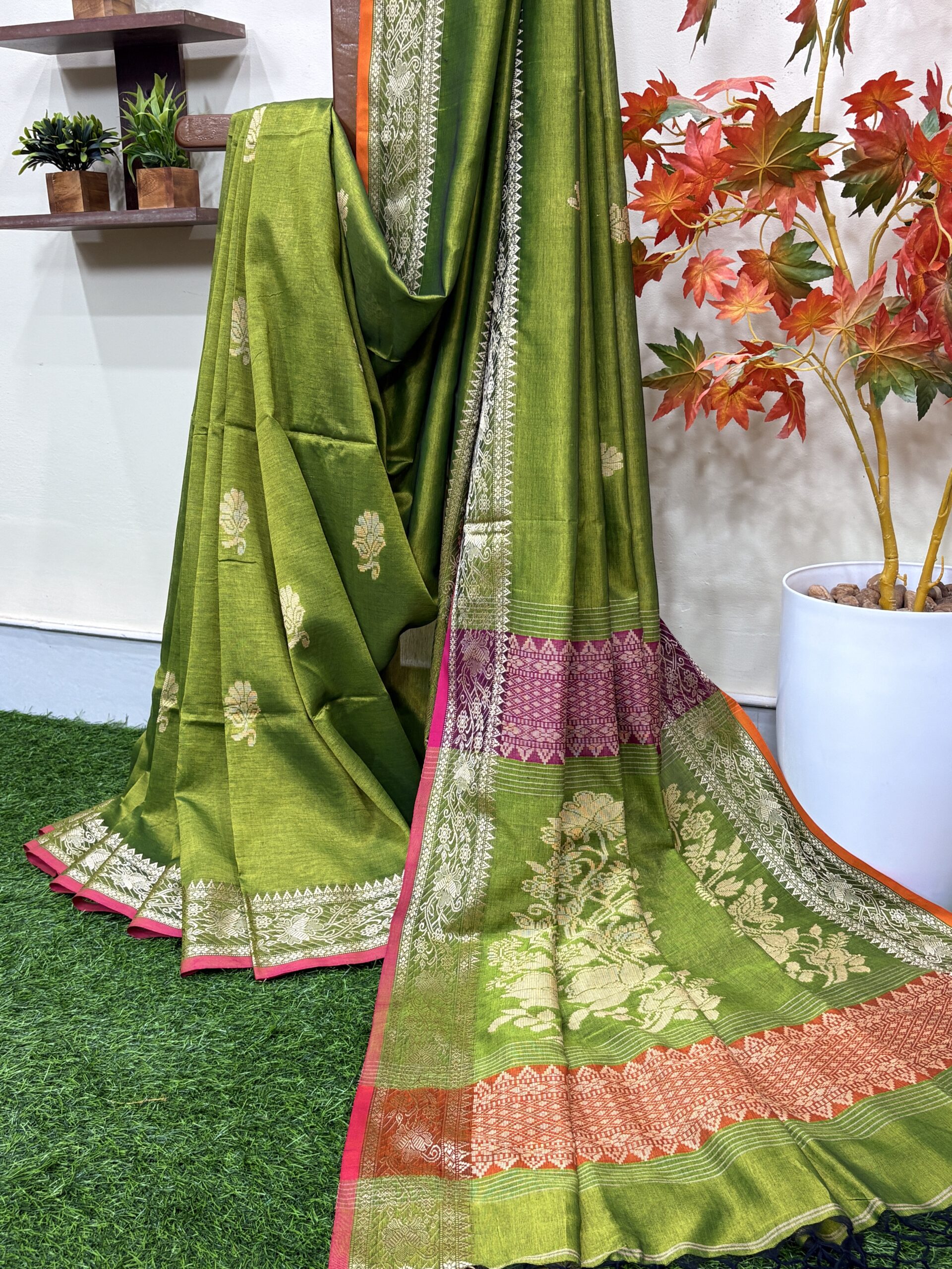 Neon Green Katan Silk Baluchari Jamdani Saree with Blouse Piece - Image 2