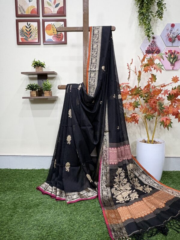 Black Katan Silk Baluchari Jamdani Saree with Blouse Piece