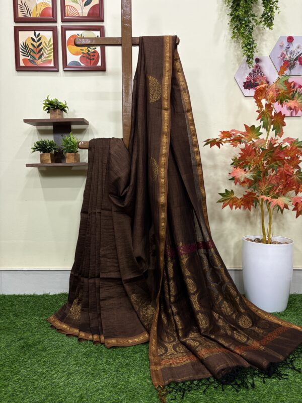 Chocolate Paisley Buta Organic Linen Jamdani Saree with Designer Blouse Piece