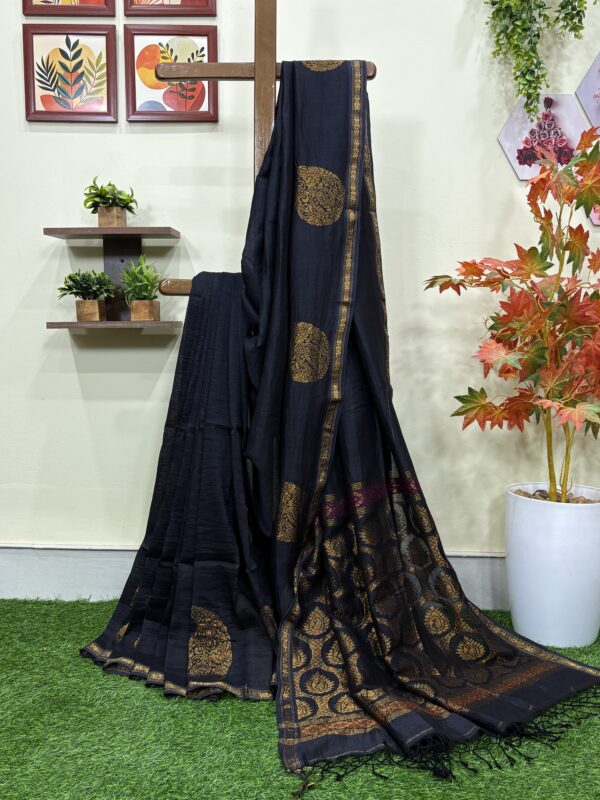 Black Paisley Buta Organic Linen Jamdani Saree with Designer Blouse Piece
