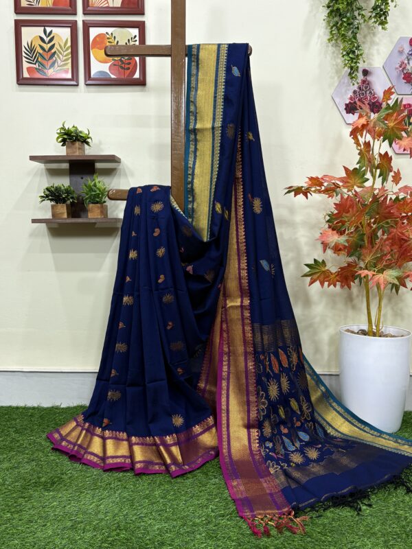 Navy Blue Handloom Premium Soft Cotton Silk Party Wear Jamdani Saree with Blouse Piece