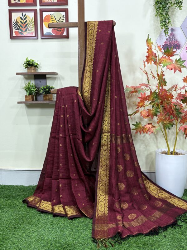Maroon Polka Dot Thousands Buta Organic Linen Jamdani Saree