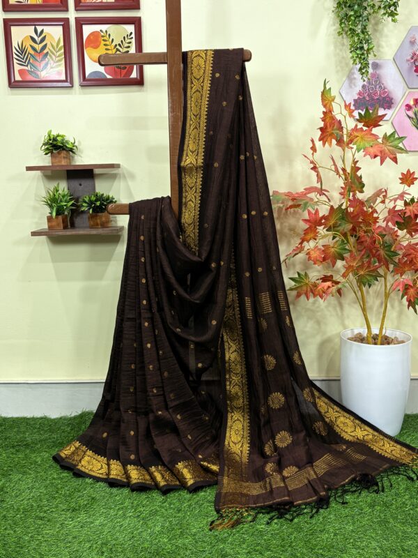 Chocolate Polka Dot Thousands Buta Organic Linen Jamdani Saree
