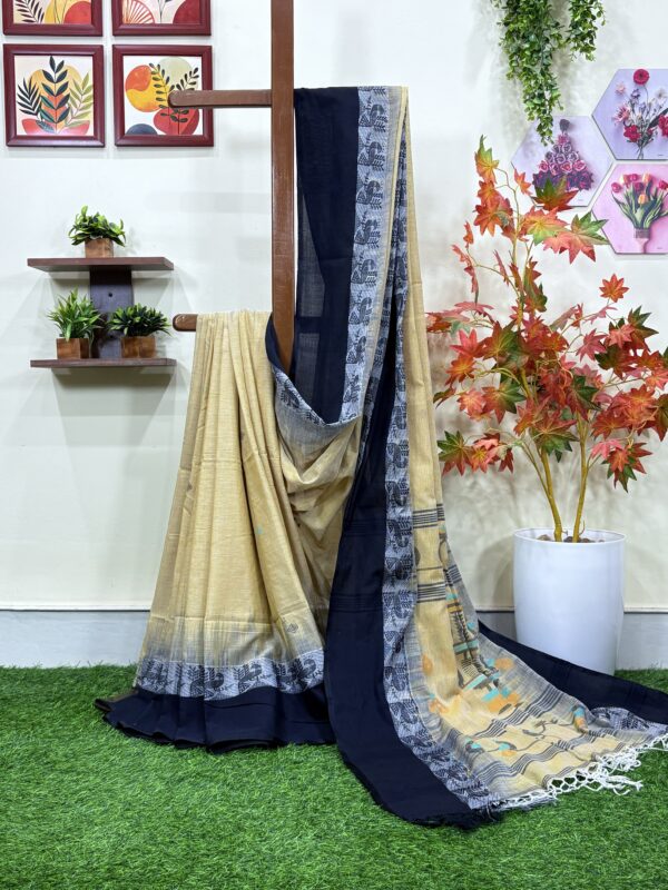 Dark Beige Handloom Cotton Khadi Ikkat Jamdani Saree