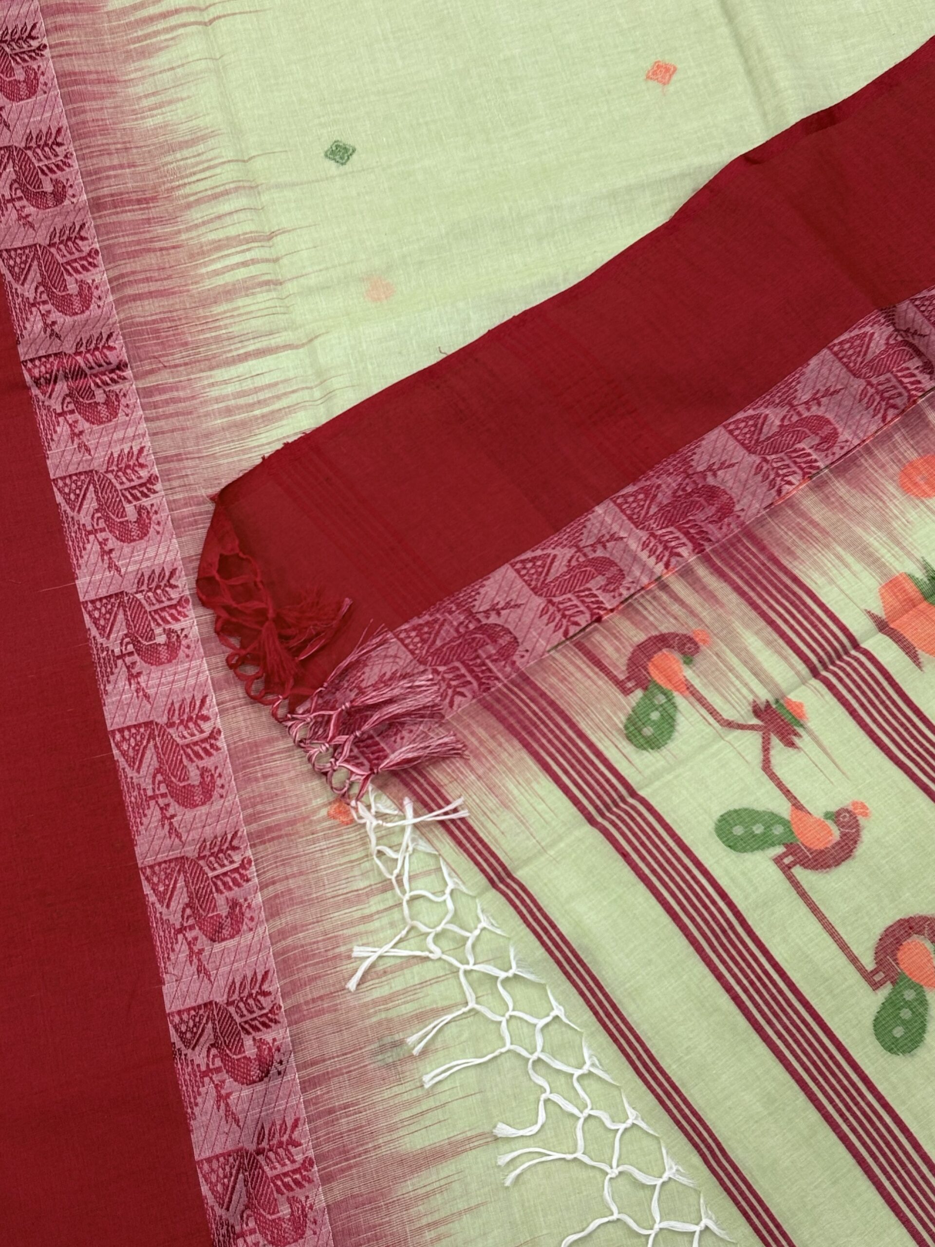 Light Green Handloom Cotton Khadi Ikkat Jamdani Saree - Image 7