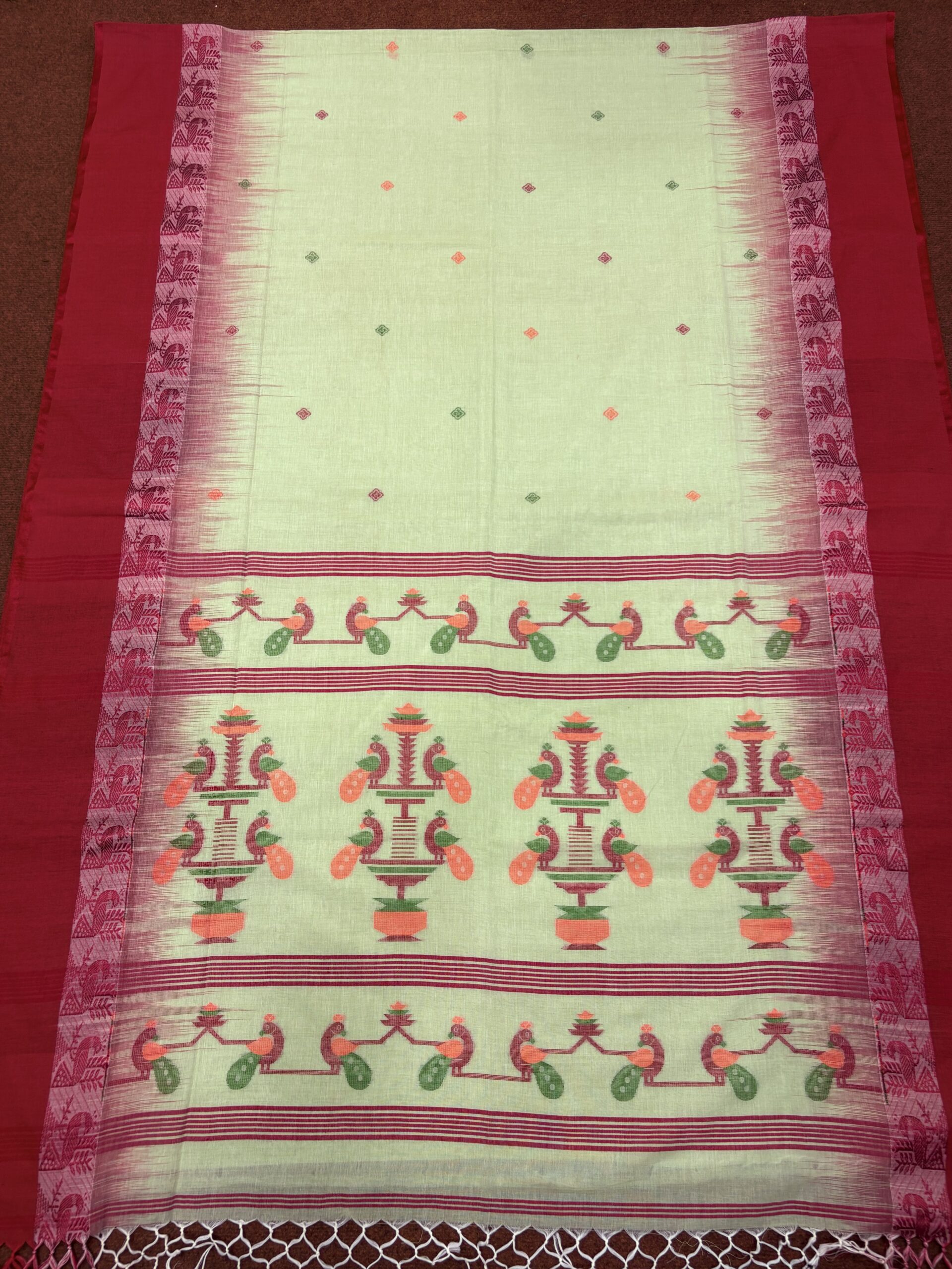 Light Green Handloom Cotton Khadi Ikkat Jamdani Saree - Image 5