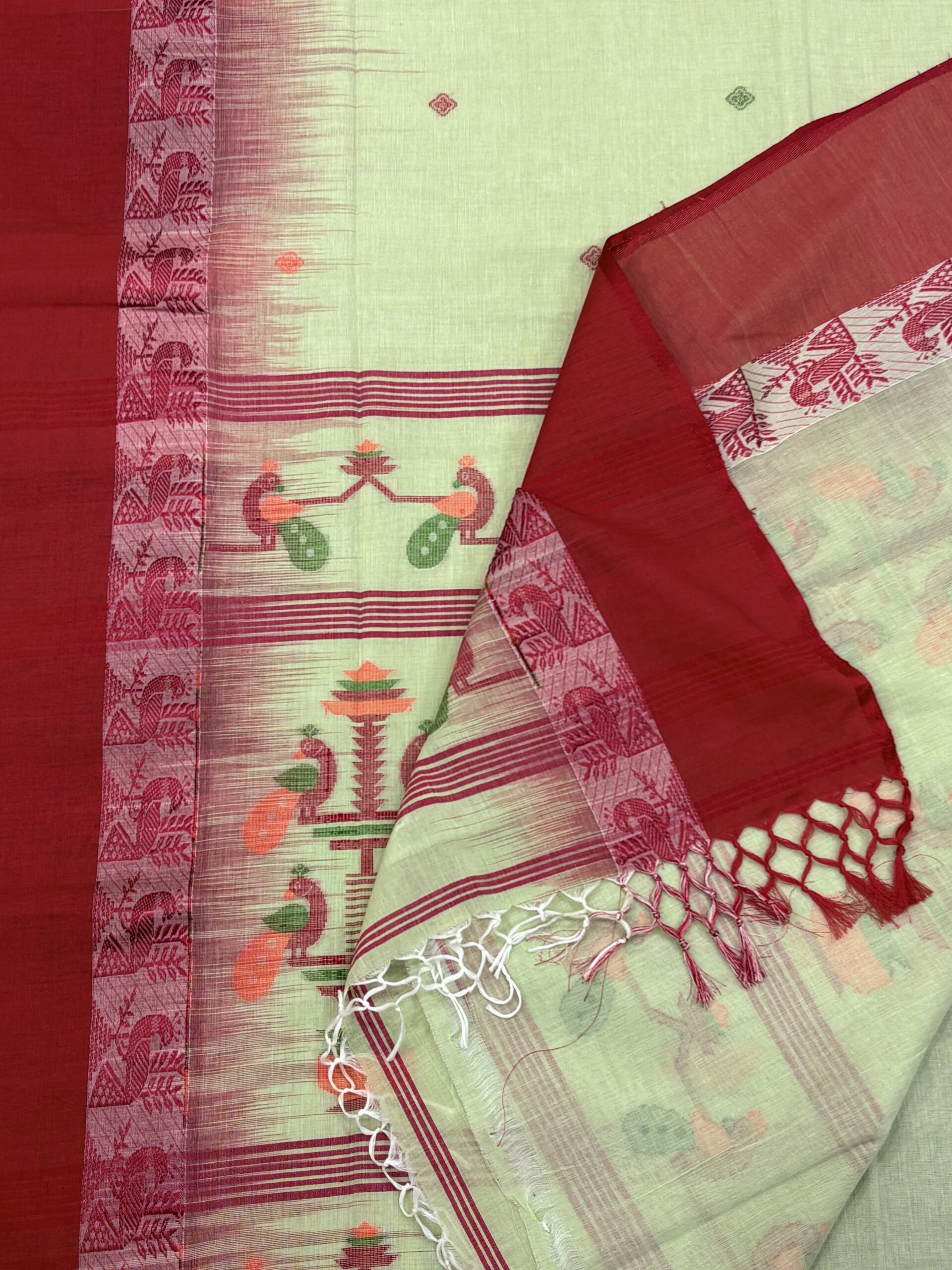 Light Green Handloom Cotton Khadi Ikkat Jamdani Saree - Image 4
