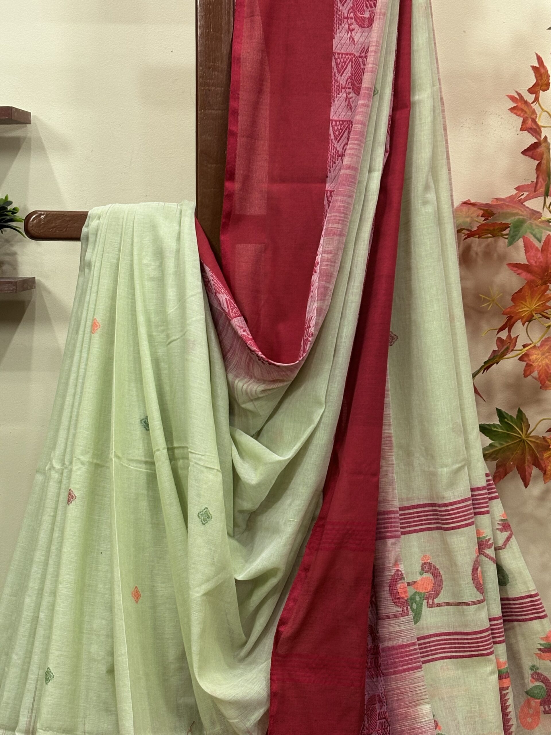 Light Green Handloom Cotton Khadi Ikkat Jamdani Saree - Image 3