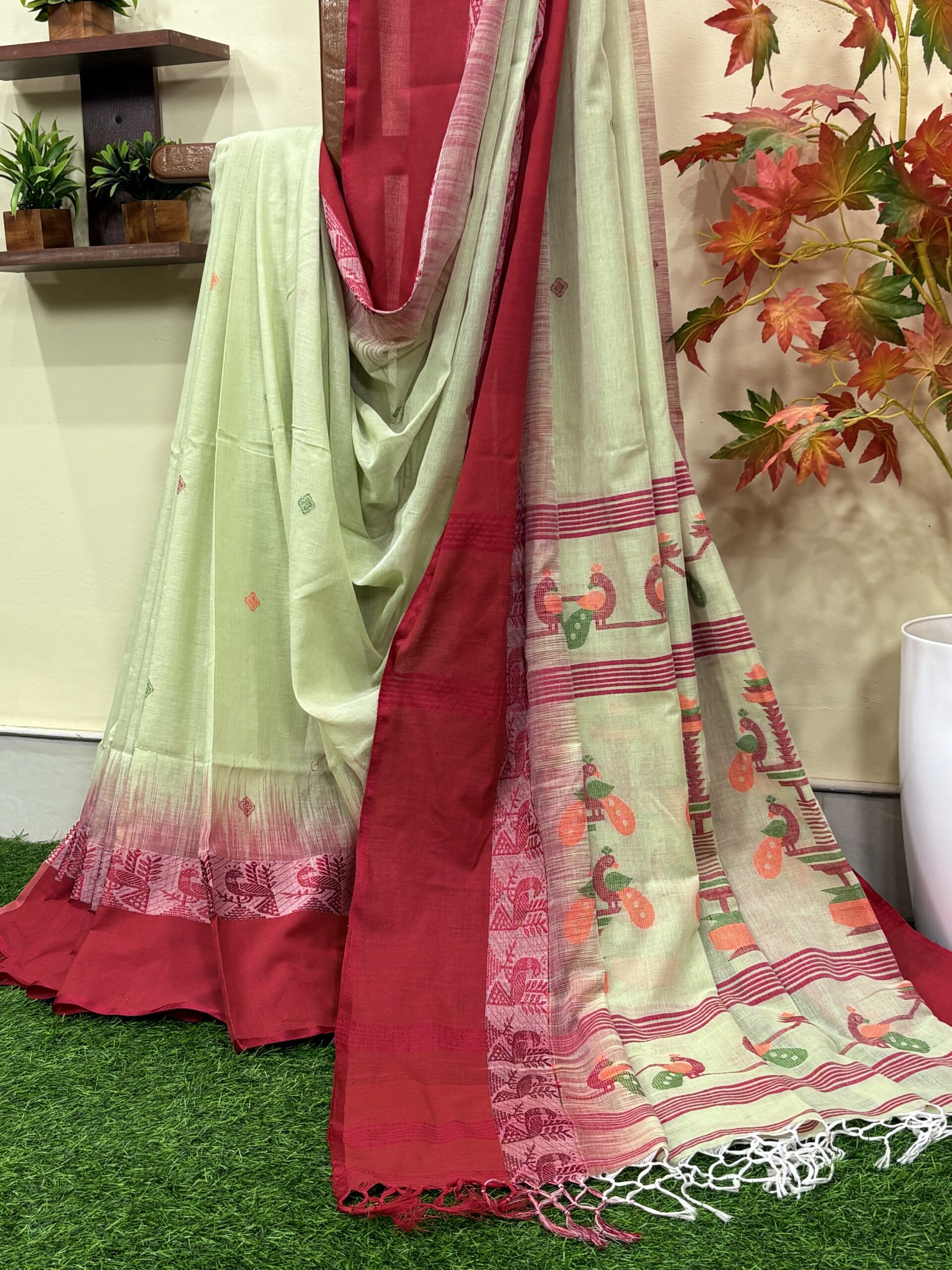 Light Green Handloom Cotton Khadi Ikkat Jamdani Saree - Image 2