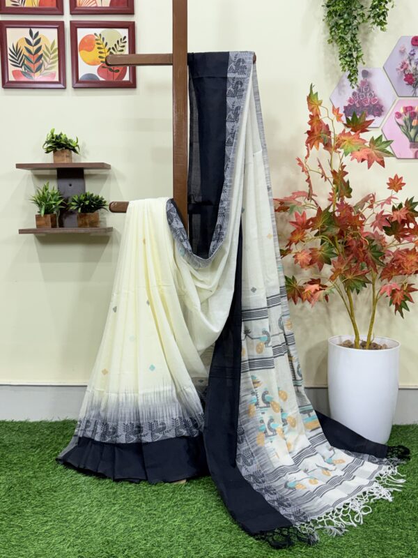 Off-White Handloom Cotton Khadi Ikkat Jamdani Saree
