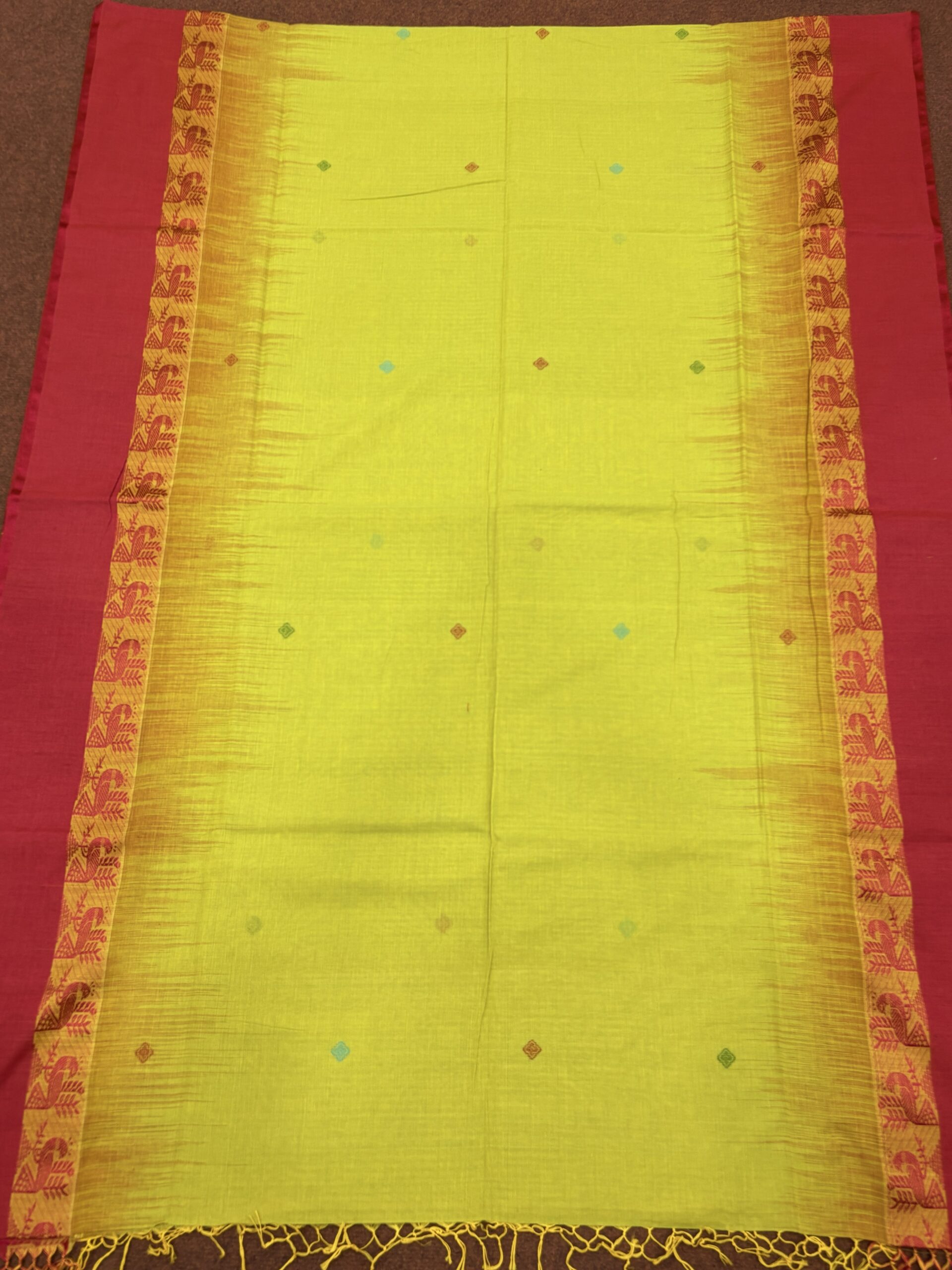 Green Yellow Handloom Cotton Khadi Ikkat Jamdani Saree - Image 8