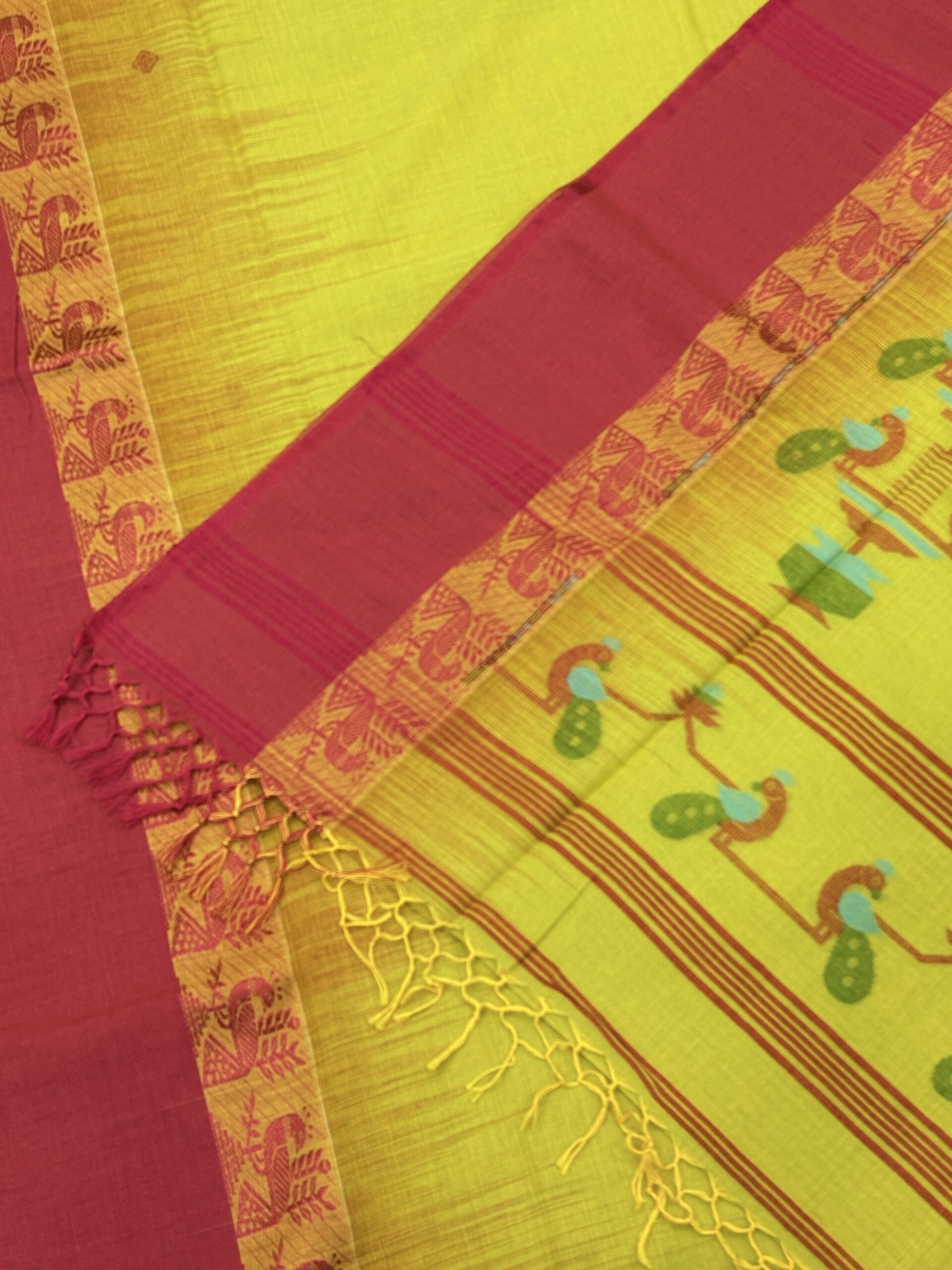 Green Yellow Handloom Cotton Khadi Ikkat Jamdani Saree - Image 7