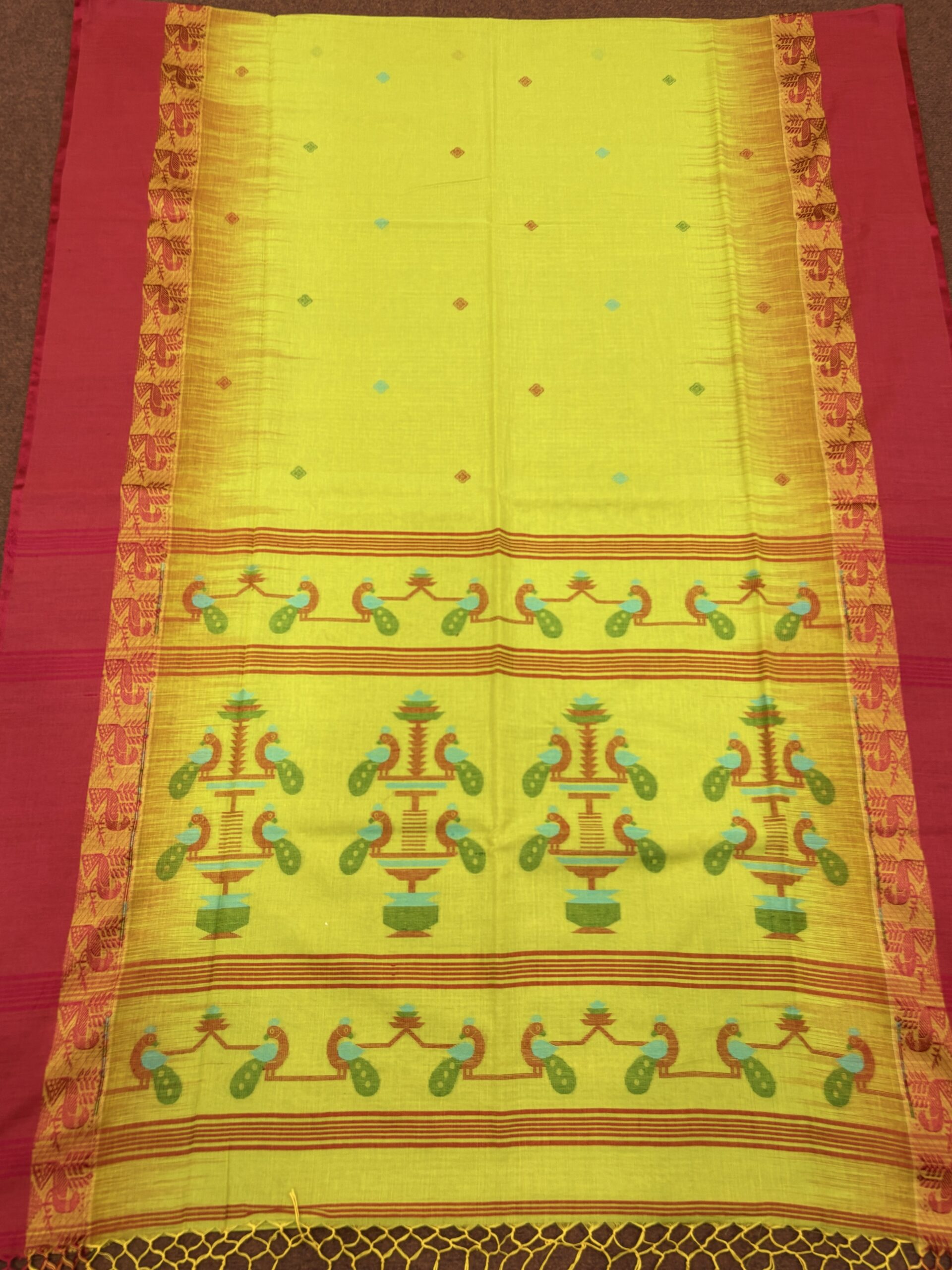 Green Yellow Handloom Cotton Khadi Ikkat Jamdani Saree - Image 5