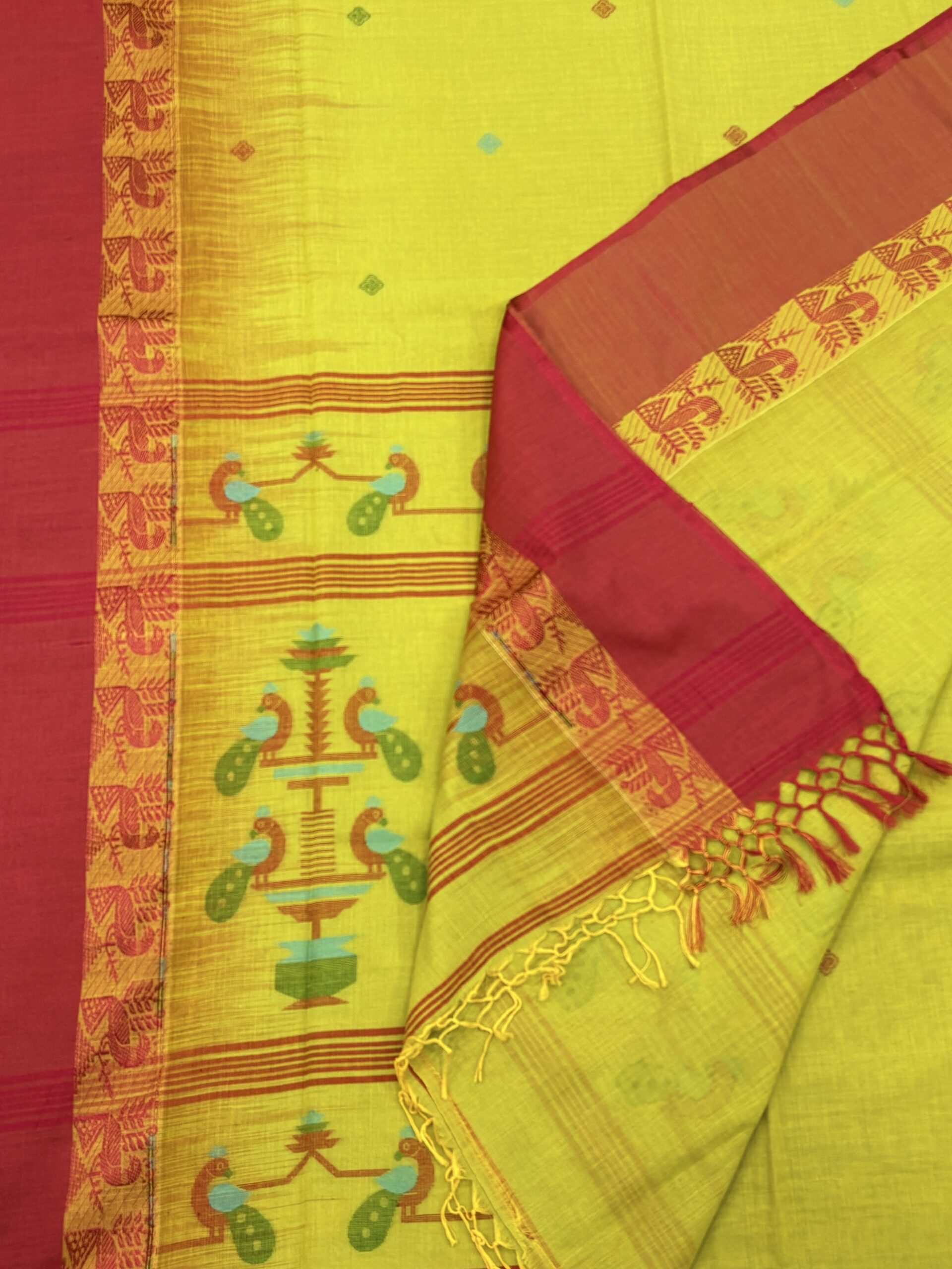 Green Yellow Handloom Cotton Khadi Ikkat Jamdani Saree - Image 4