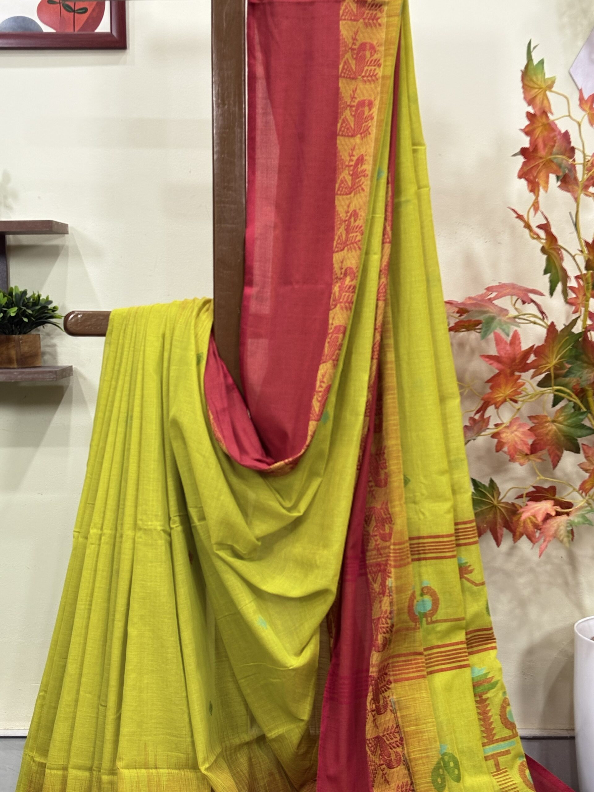 Green Yellow Handloom Cotton Khadi Ikkat Jamdani Saree - Image 3