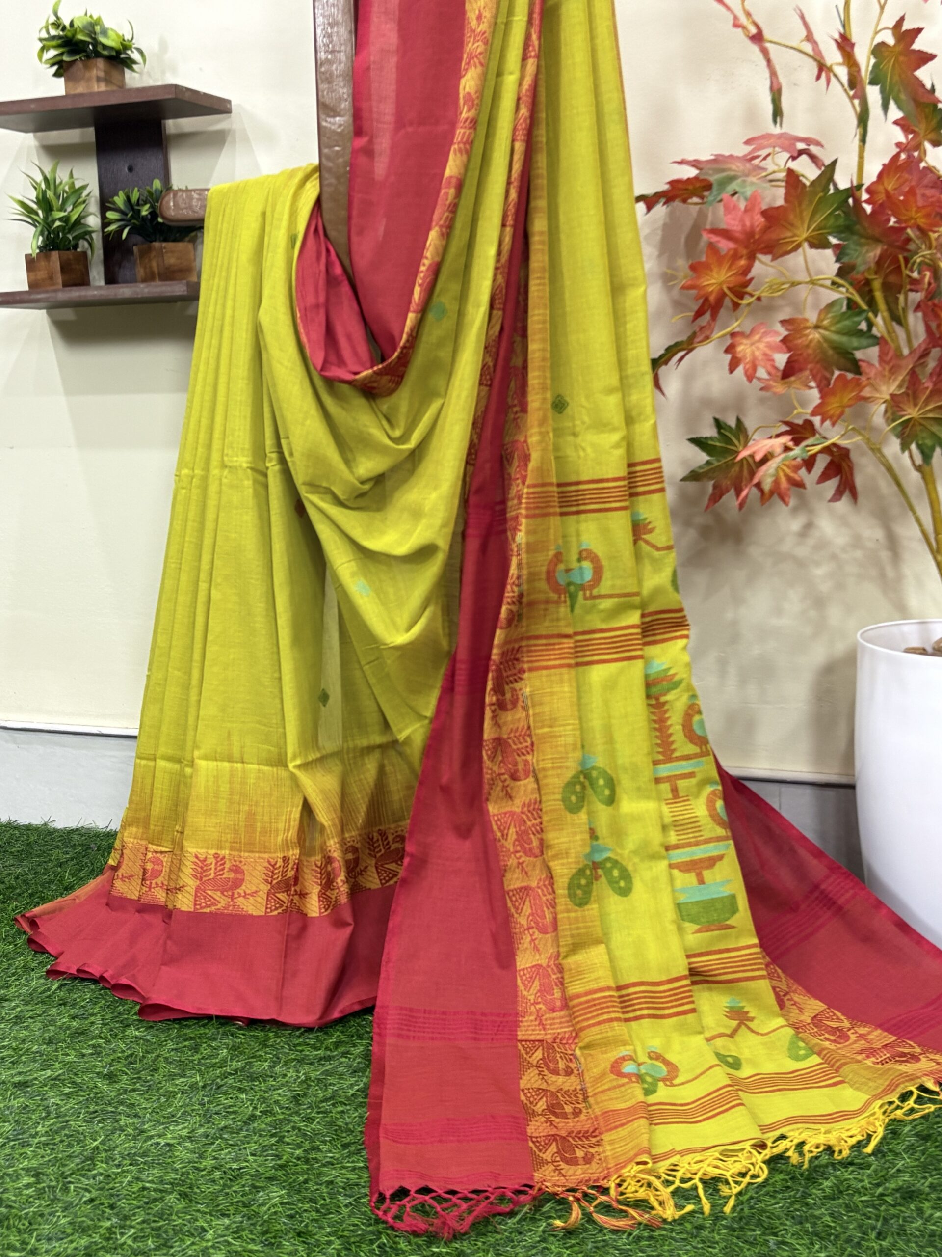 Green Yellow Handloom Cotton Khadi Ikkat Jamdani Saree - Image 2
