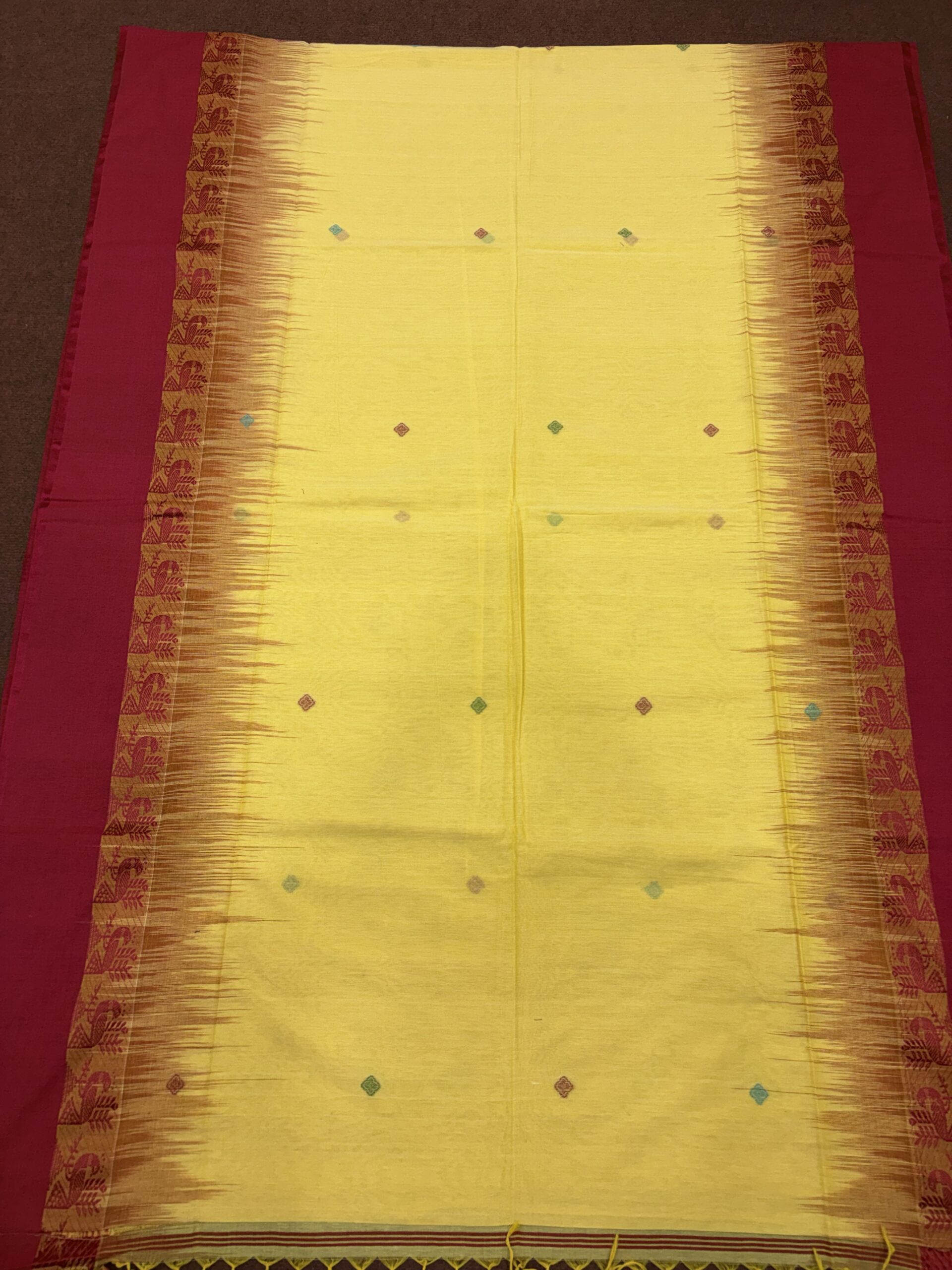 Dull Yellow Handloom Cotton Khhadi Ikkat Jamdani Saree - Image 9