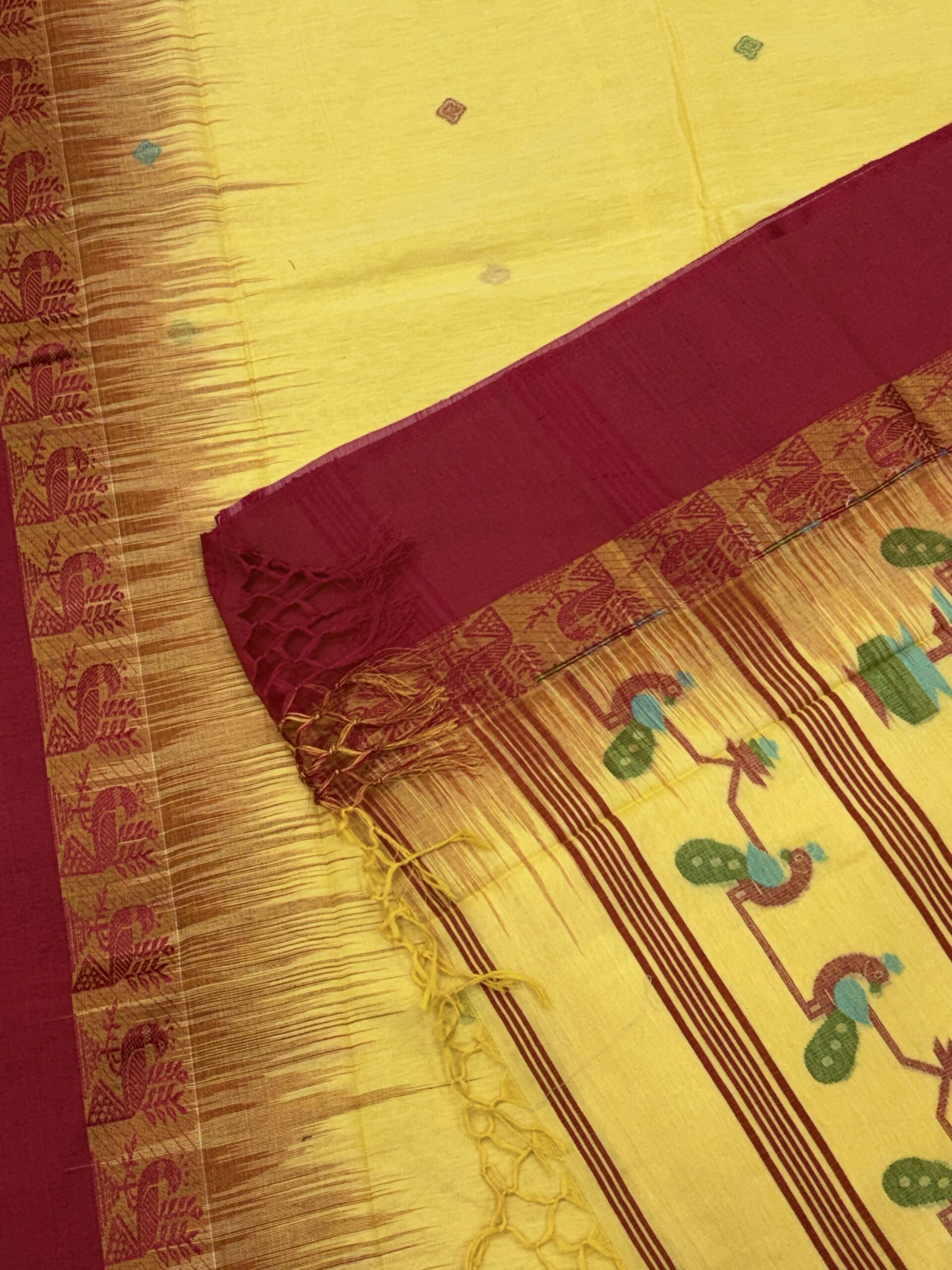 Dull Yellow Handloom Cotton Khhadi Ikkat Jamdani Saree - Image 8