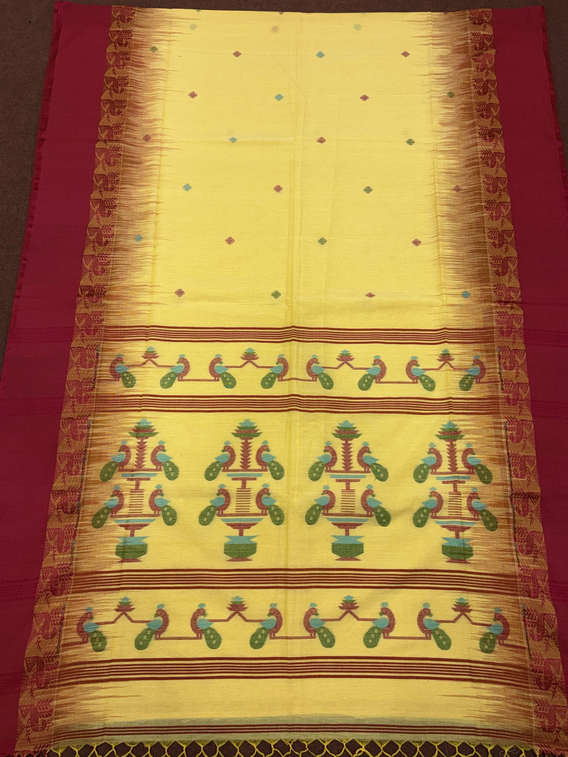 Dull Yellow Handloom Cotton Khhadi Ikkat Jamdani Saree - Image 6