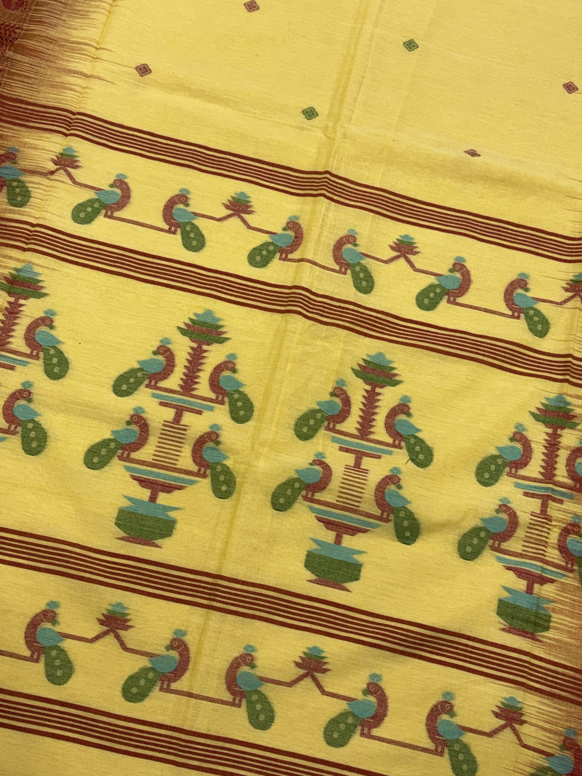 Dull Yellow Handloom Cotton Khhadi Ikkat Jamdani Saree - Image 5
