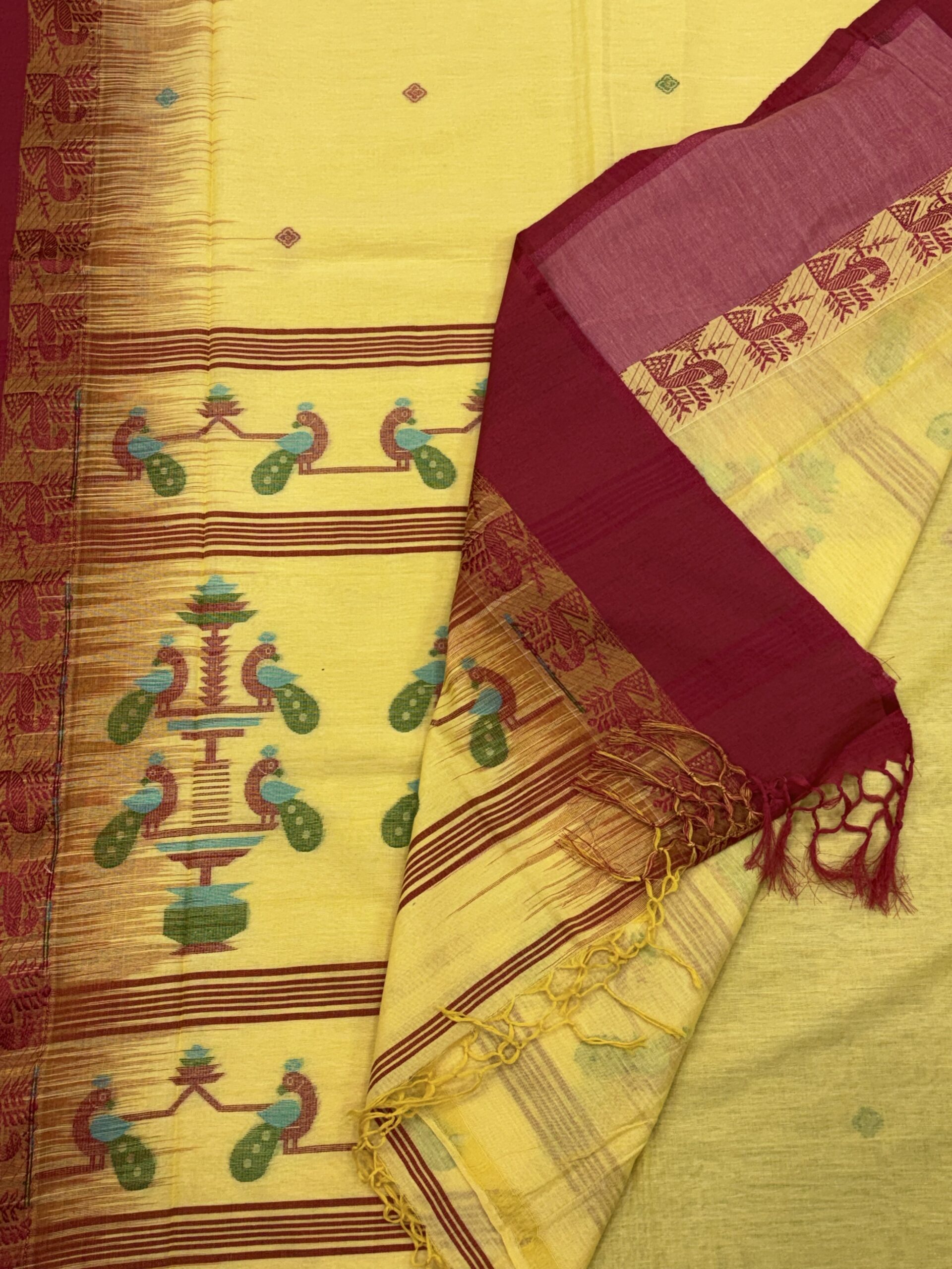 Dull Yellow Handloom Cotton Khhadi Ikkat Jamdani Saree - Image 4