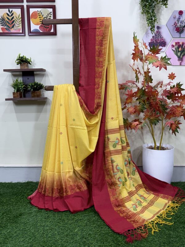Dull Yellow Handloom Cotton Khhadi Ikkat Jamdani Saree
