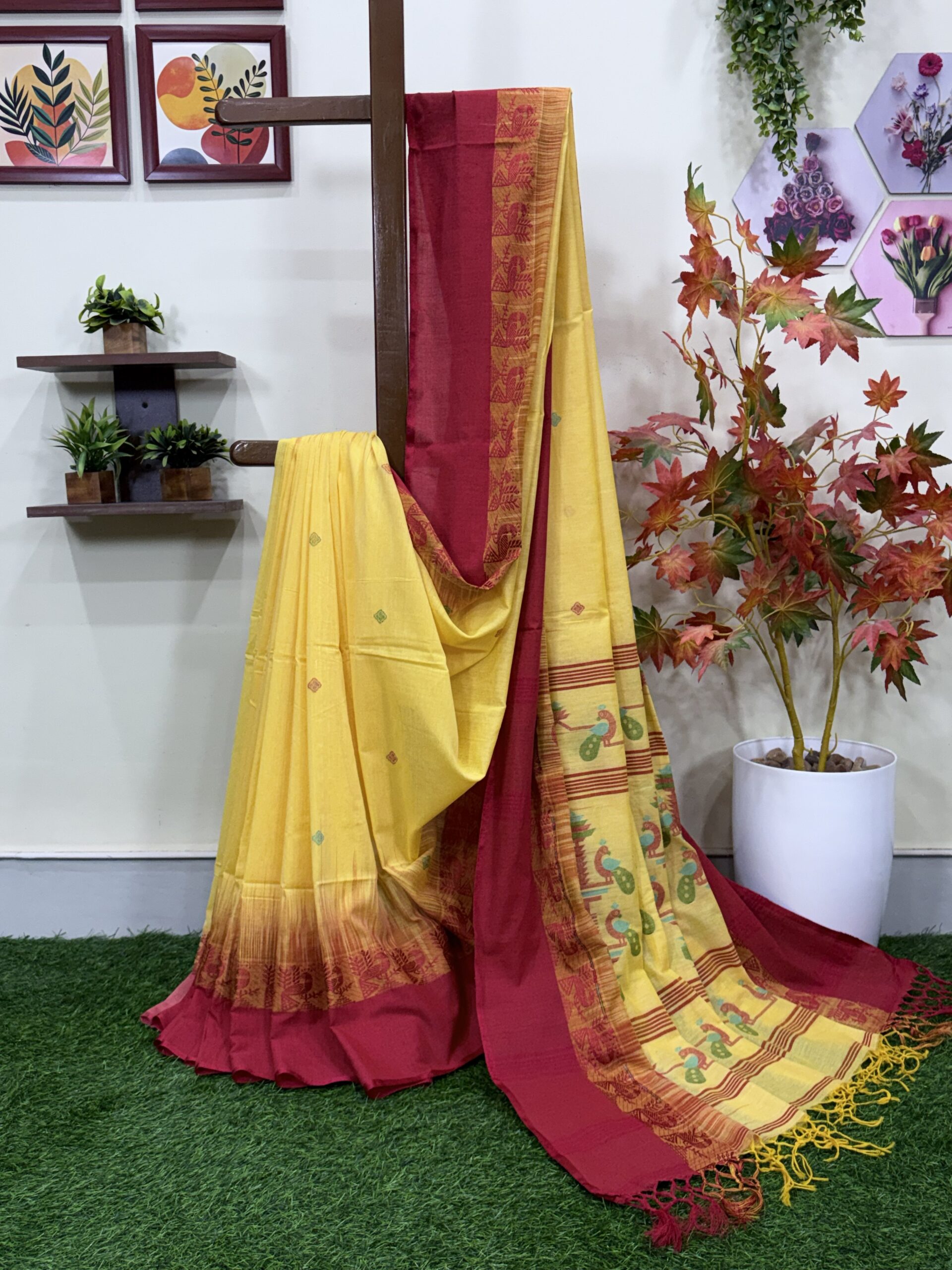 Dull Yellow Handloom Cotton Khhadi Ikkat Jamdani Saree