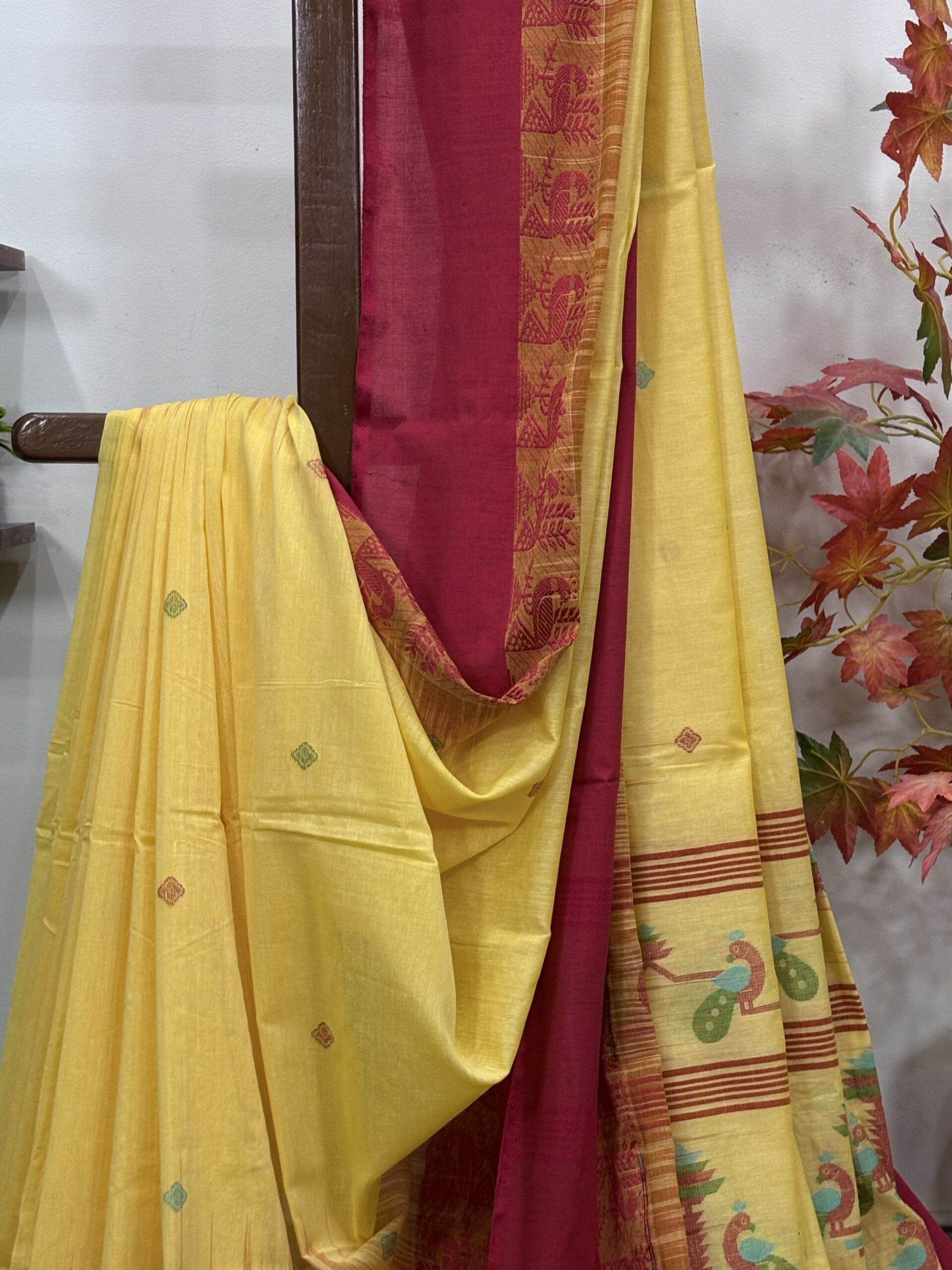 Dull Yellow Handloom Cotton Khhadi Ikkat Jamdani Saree - Image 3