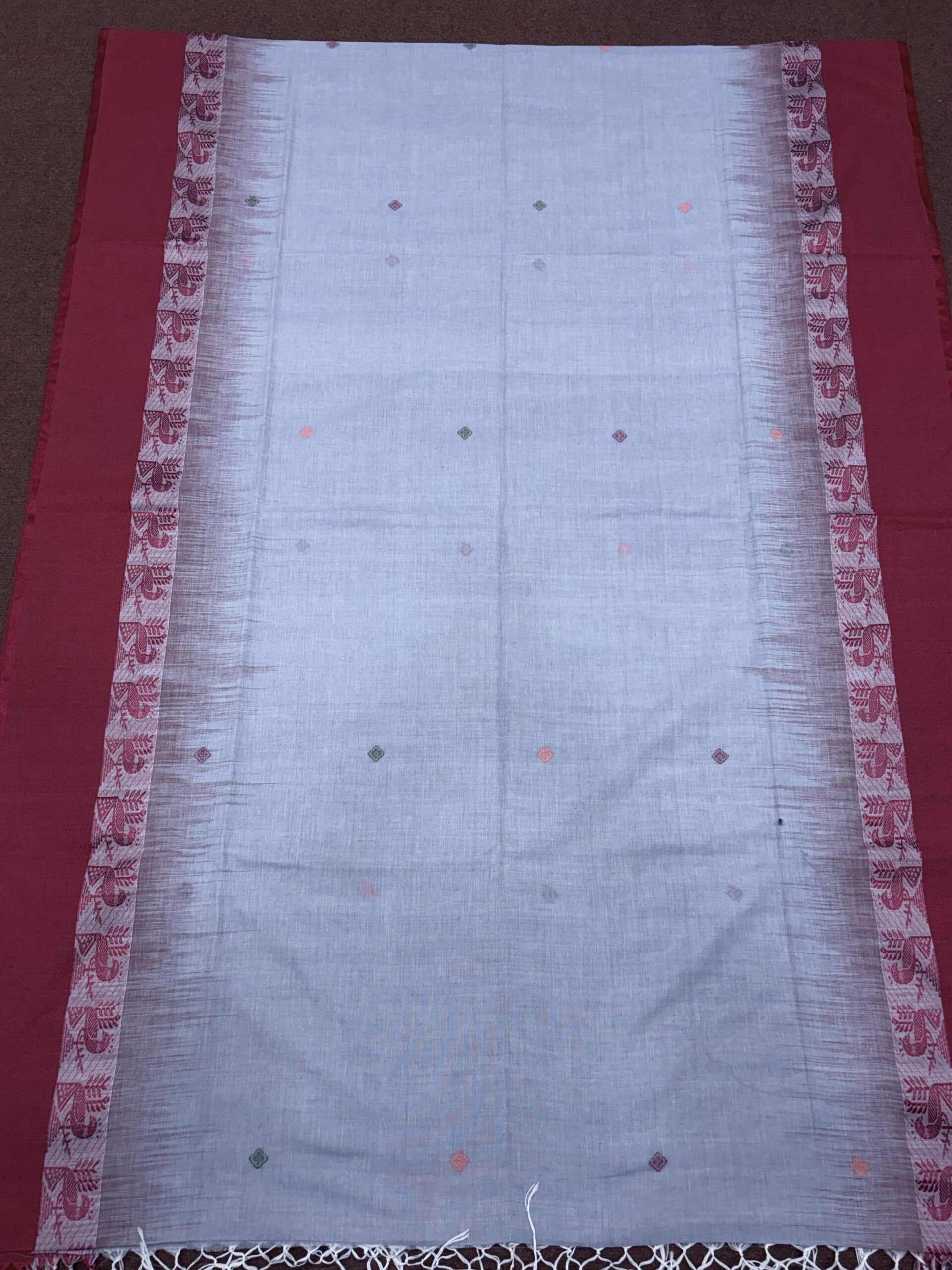 Light Gray Handloom Cotton Khadi Ikkat Jamdani Saree - Image 9