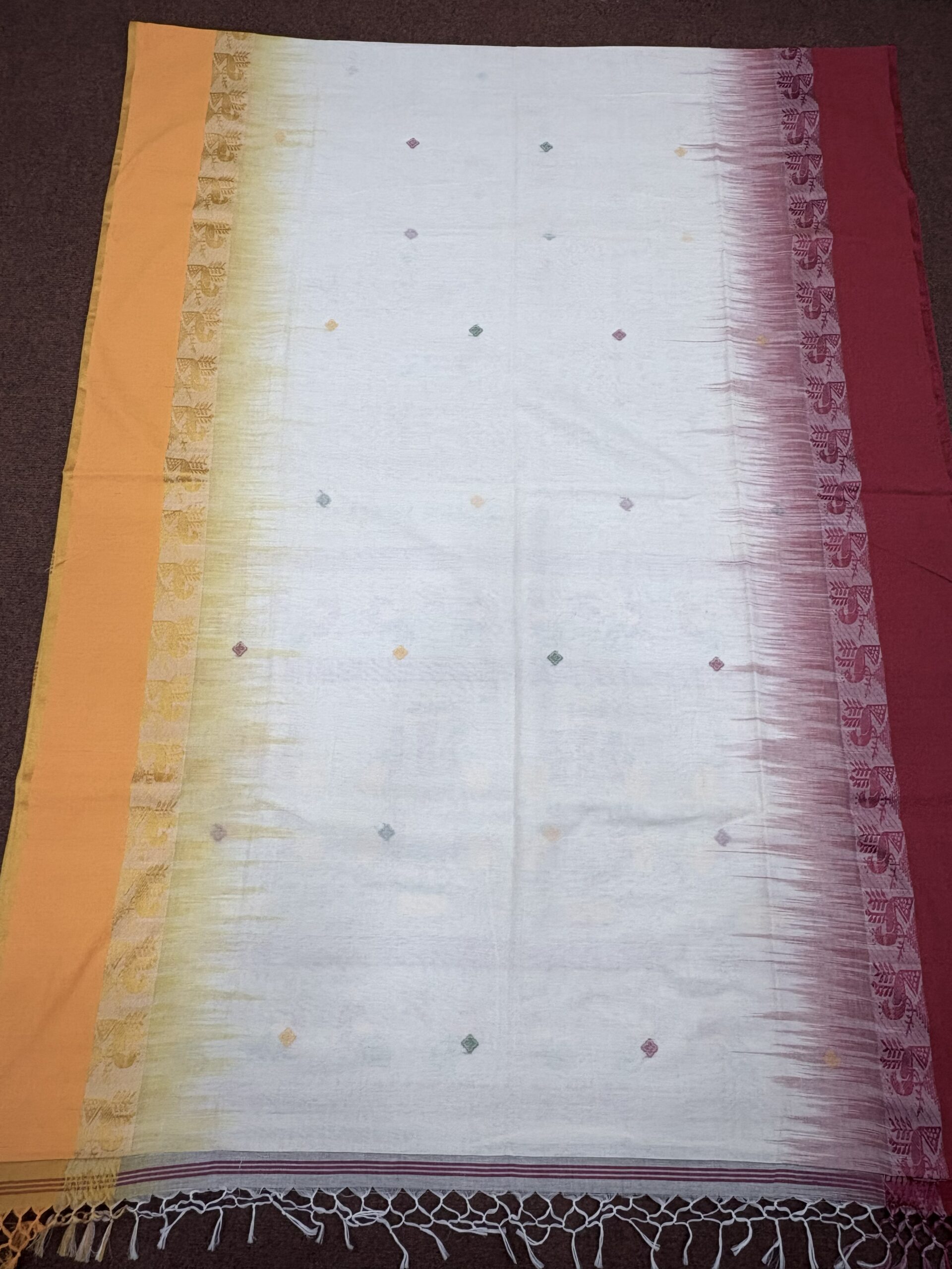 Off-White Handloom Cotton Khadi Ikkat Jamdani Saree - Image 9