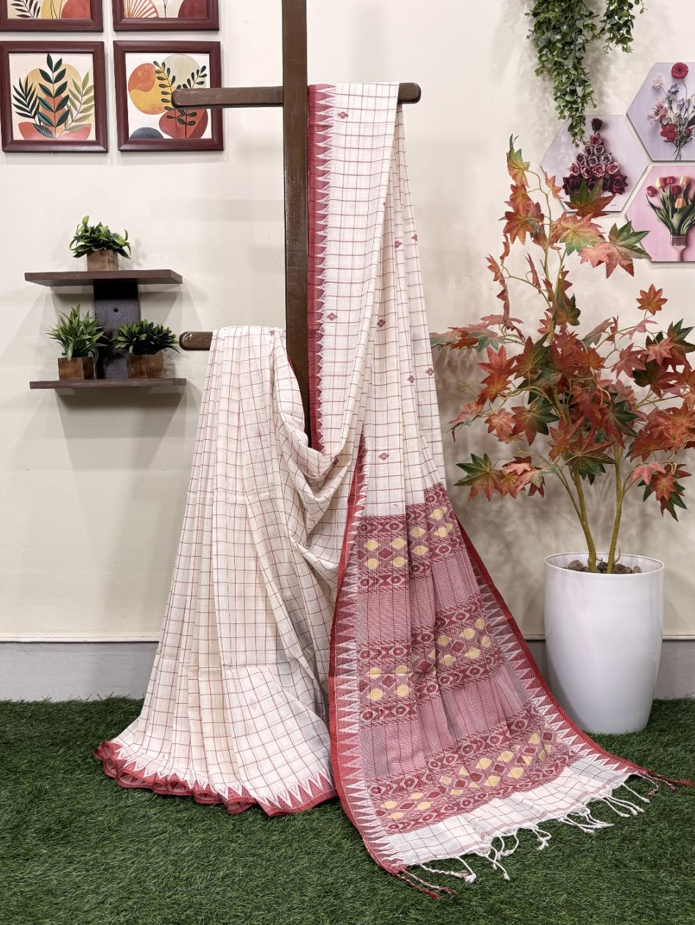 Off-White Handloom Mercerised Cotton Chacks Jamdani Saree