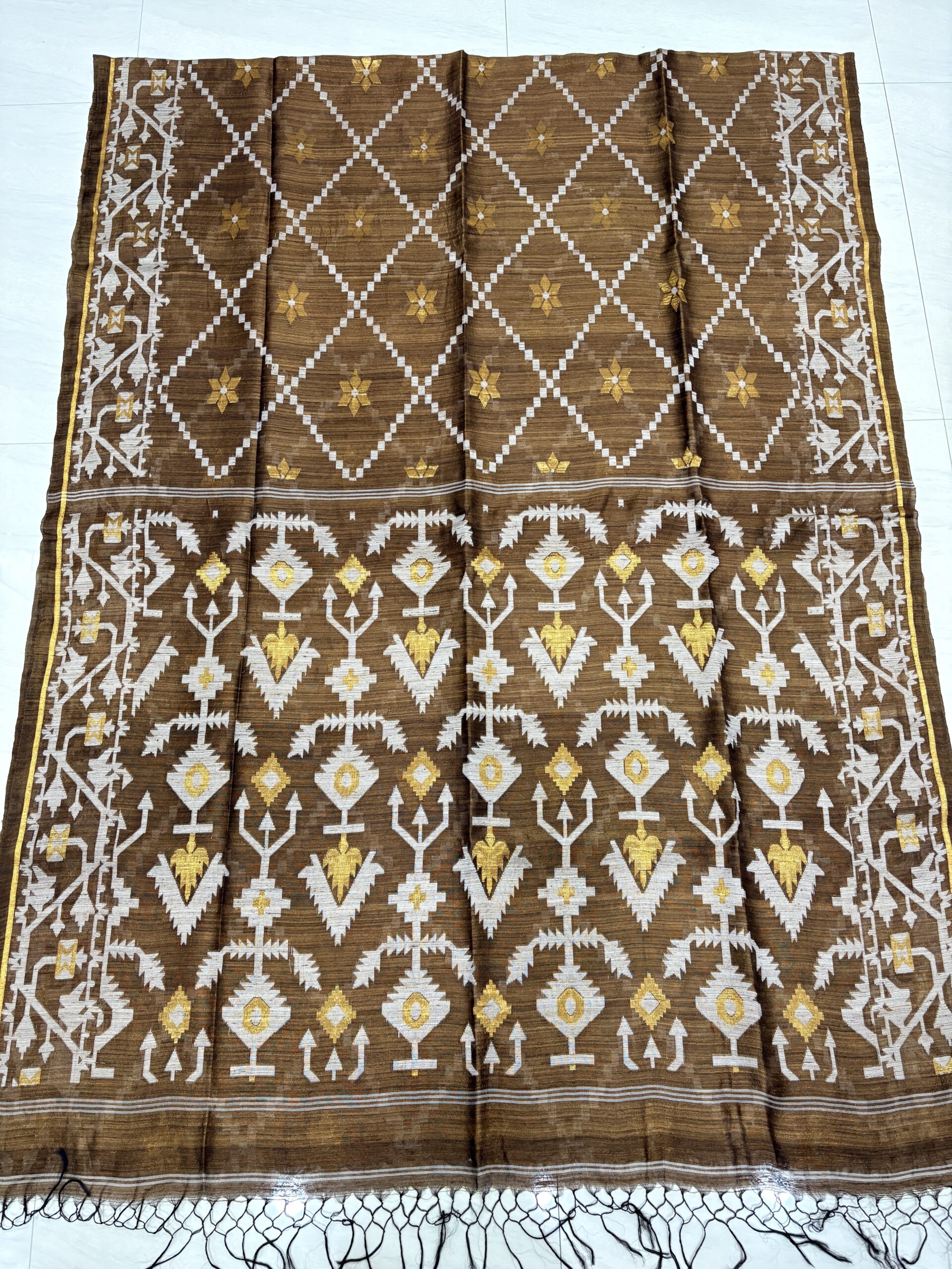 Brown Pure Resham Matka Handloom Allover Jamdani Saree